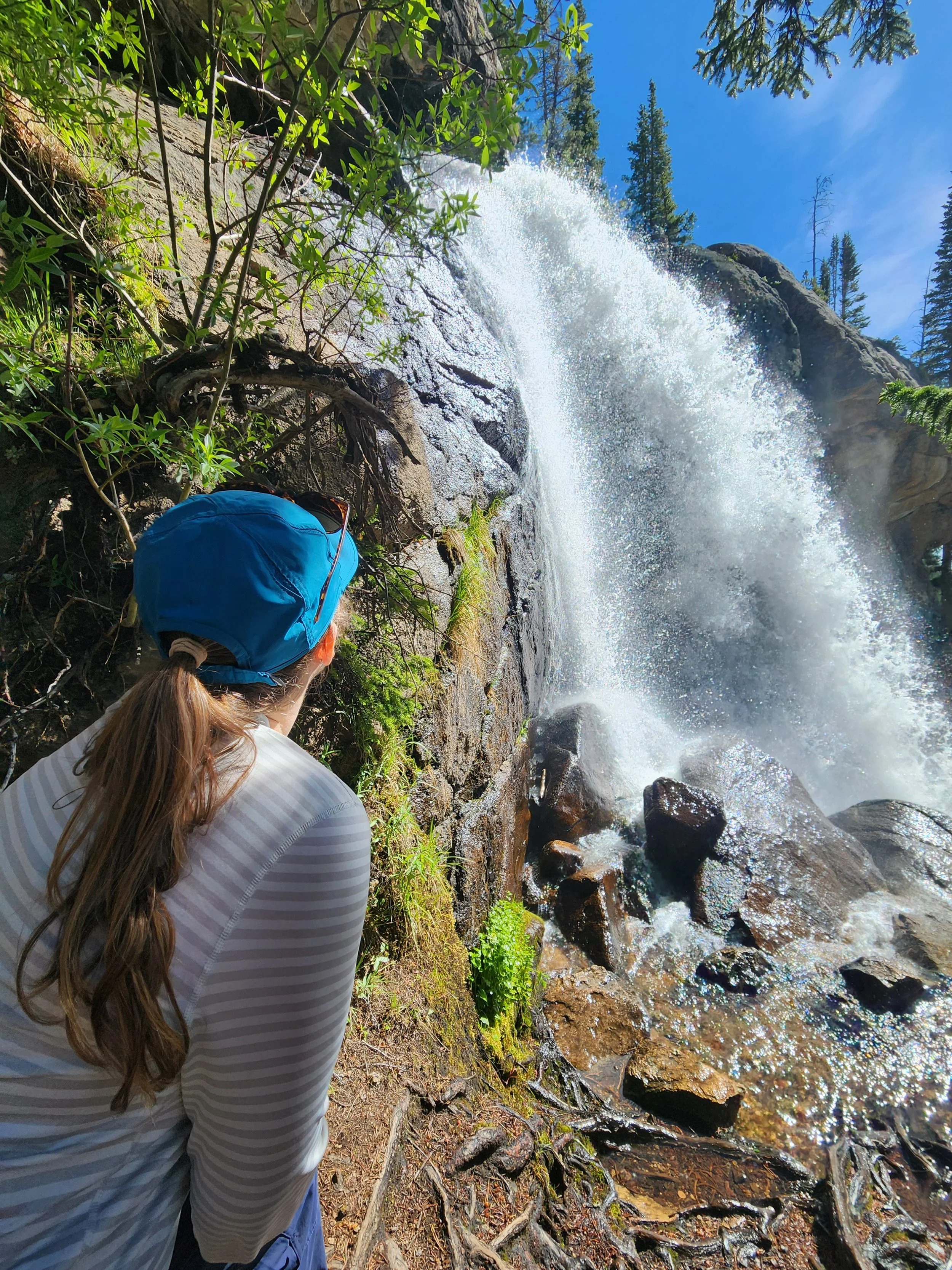 the powerful 40-foot ouzel falls rushes in this still photo. In the foreground is a woman facing away looking in awe at the waterfall in rocky mountain national park.