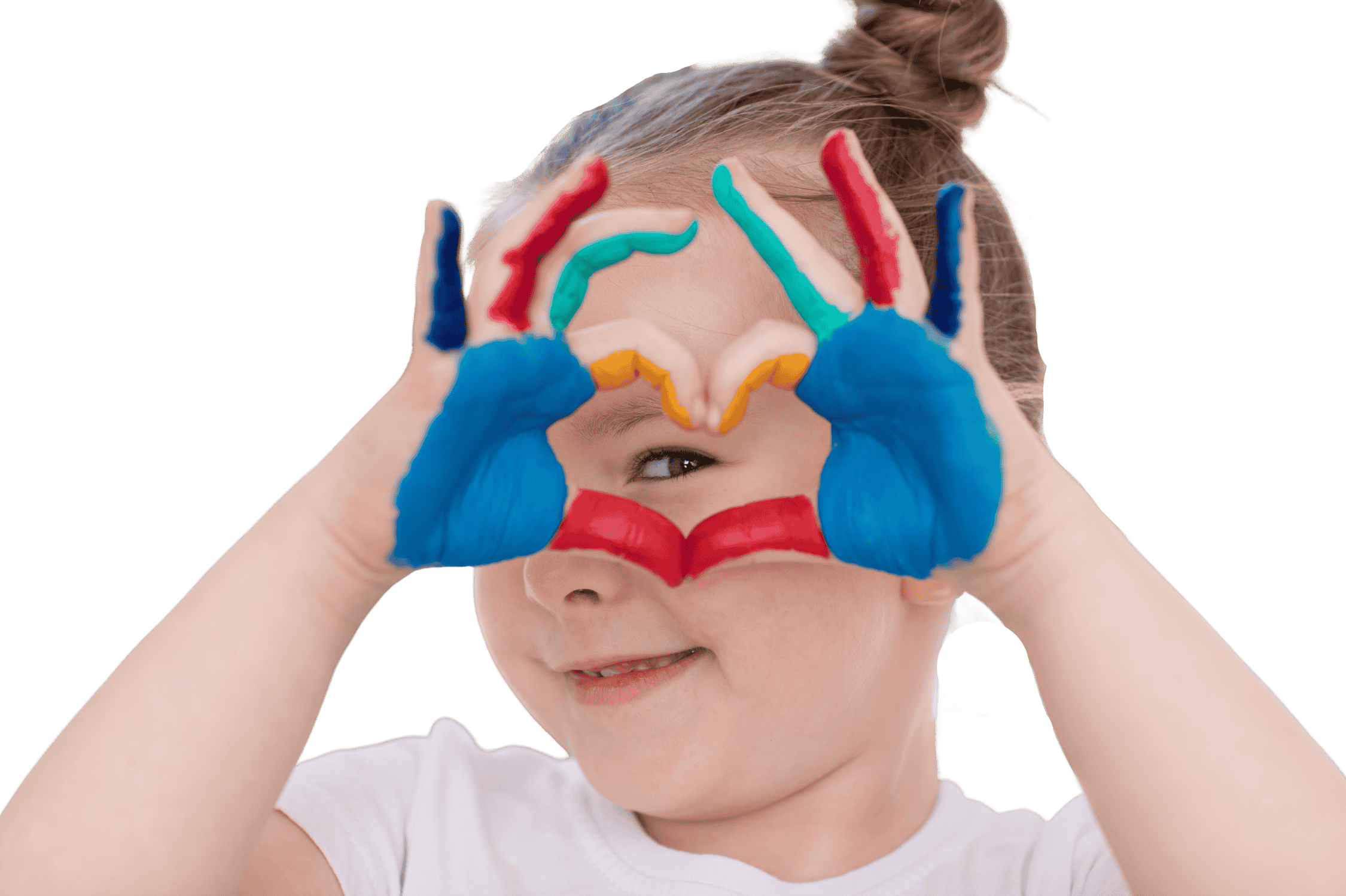 A young girl with face paint, holding her hands in front of her face to form a heart shape around one eye, with colorful painted fingers.