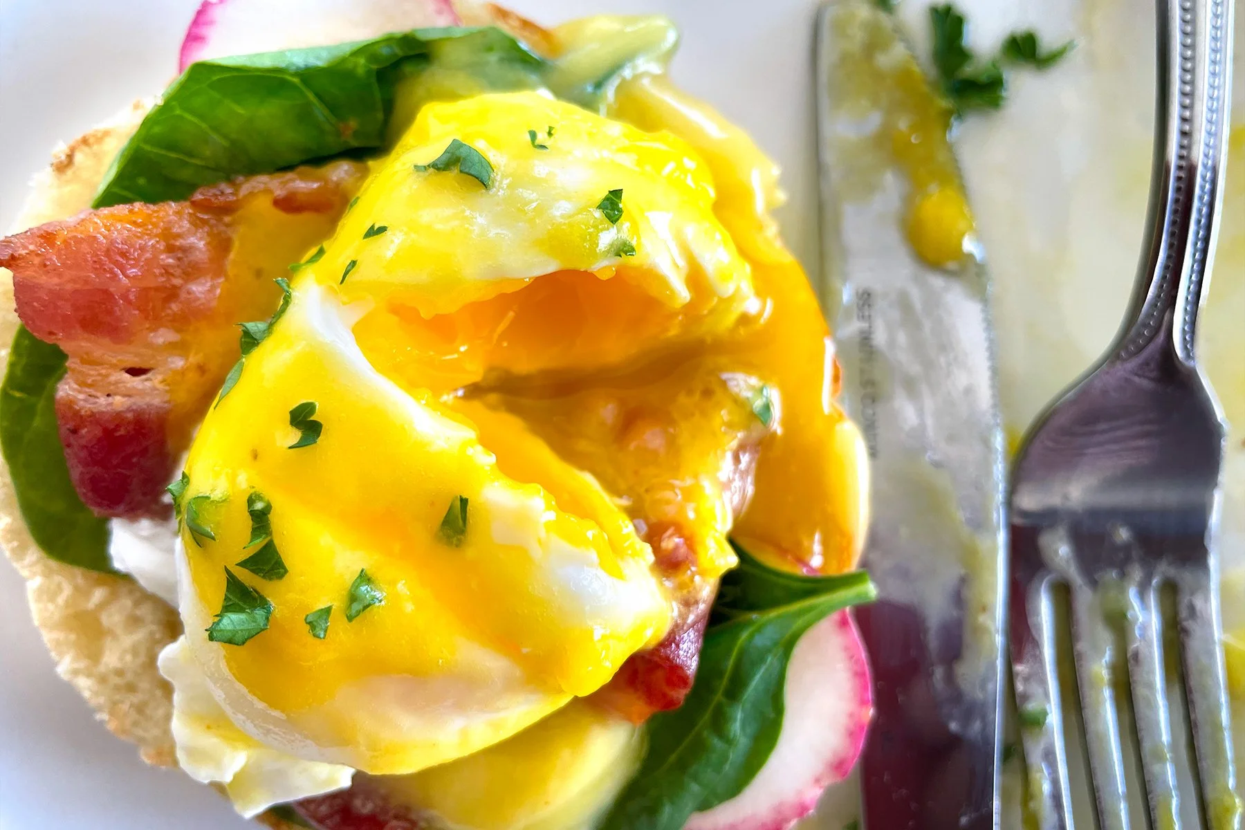 EGGS BENEDICT    
served on an english muffin with bacon, spinach, and hollandaise sauce