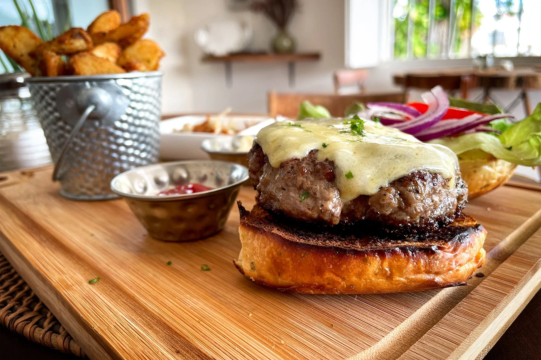 SAGE’S TASTY BURGER    
with cheddar cheese, tomato, lettuce, served with balsamic cabbage slaw, and seasoned wedges