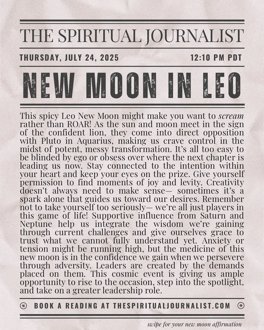 Blessed Leo New Moon 🌙  SWIPE &gt;&gt; for your new moon affirmation in this bi-monthly edition of @the.spiritual.journalist 

#leonewmoon #newmoon #leoseason #leo #astrologersofinstagram #goddessesofsacramento