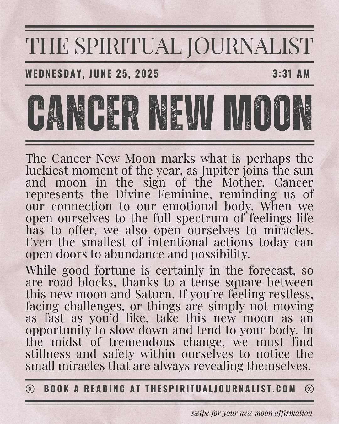 Blessed Cancer New Moon! A lucky conjunction to Jupiter reminds us that miracles are possible, EVEN if we&rsquo;re facing road blocks and delays in this moment. Keep the faith 🙏🏼 

SWIPE &gt;&gt; for an affirmation for each *rising* sign.

#cancern