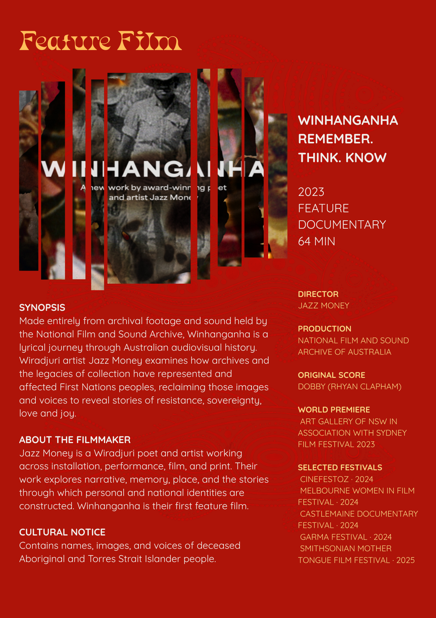 Feature film spread using a stronger visual treatment to distinguish the festival's documentary feature while remaining connected to the overall program identity.