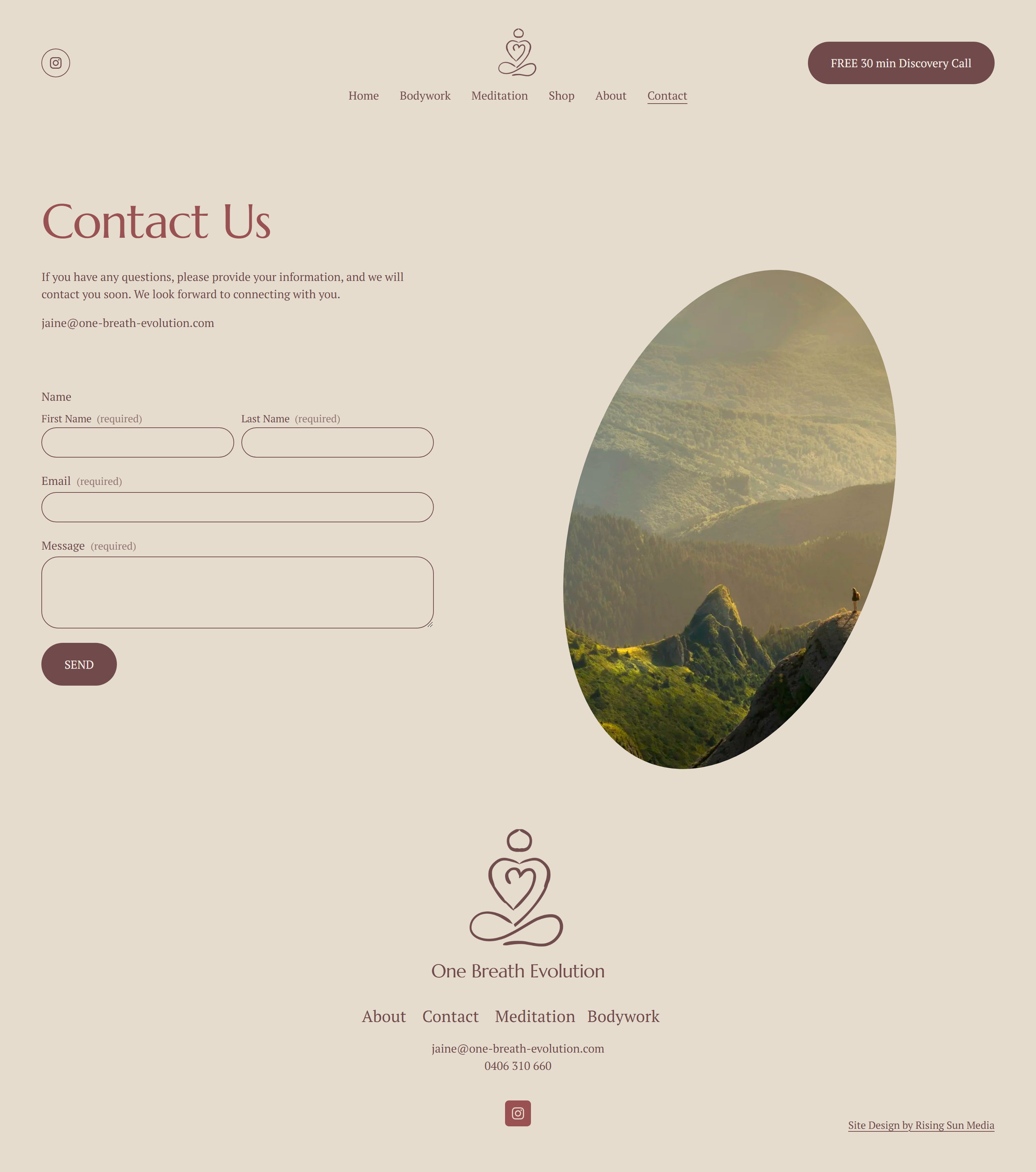 Contact page featuring enquiry details, flexible appointment options and an integrated booking system designed for a mobile massage and energy healing practice.
