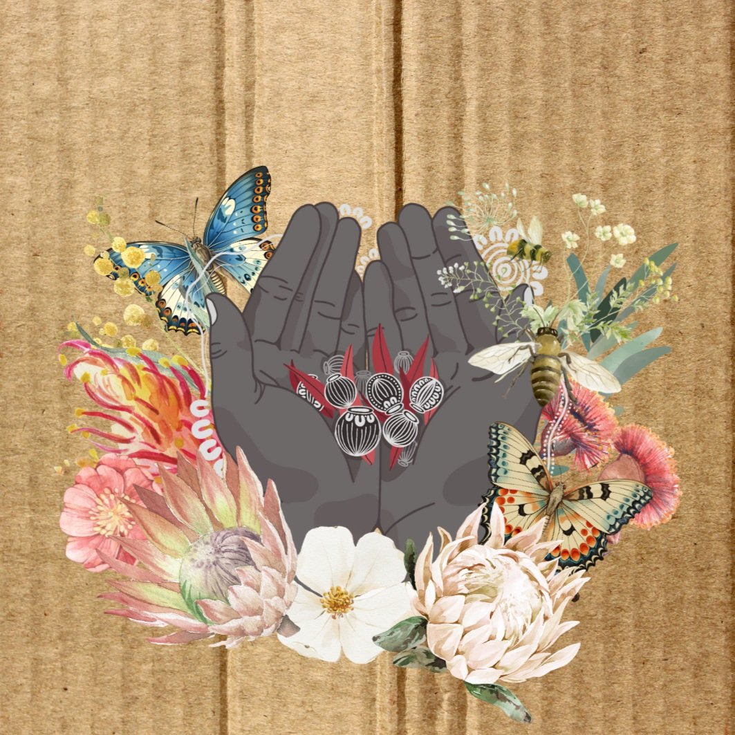 Digital collage featuring Yila Healing Trail for indigenous events, cardboard background, and vibrant flower motifs.