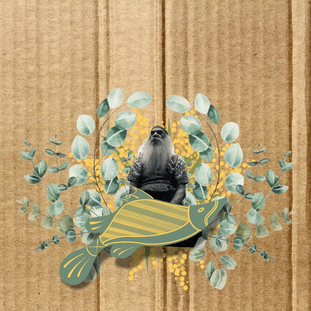Healing-themed collage od Aboriginal elder for Yila Healing Trail with forest and ocean symbols and event branding on cardboard texture.