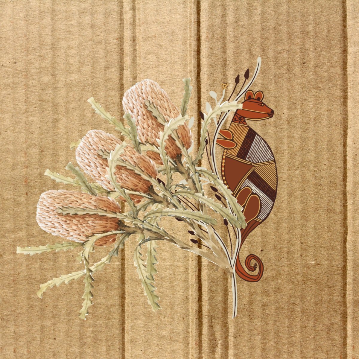 Event banner design for Yila Healing Trail with cardboard texture, featuring cultural healing symbols and native australian flowers