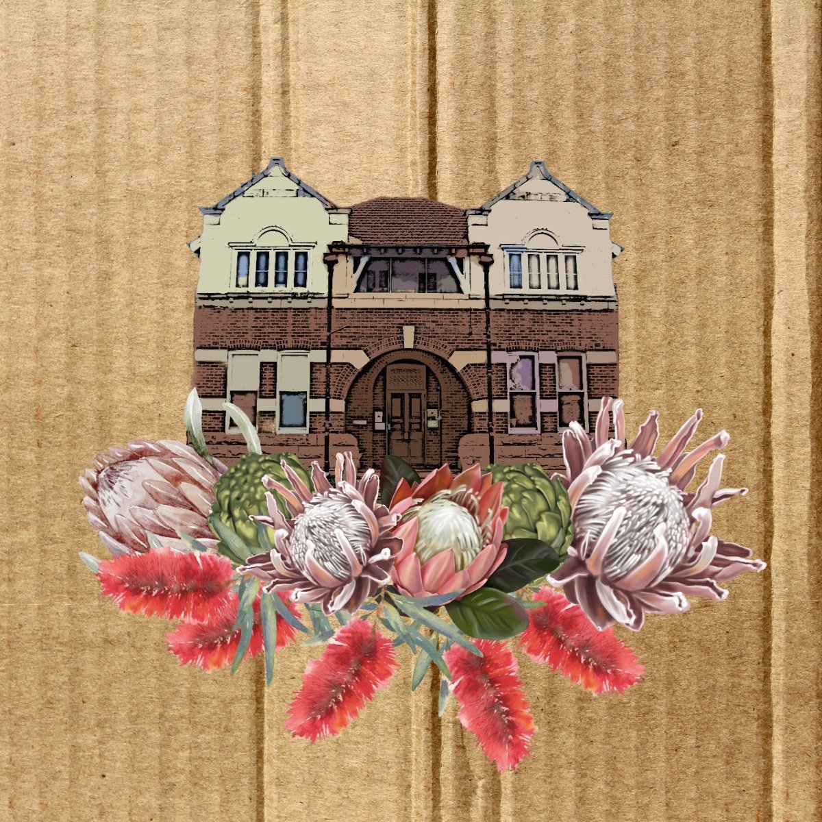 Vibrant native australian flower collage with Berry Hospital for festival branding for Yila Healing Trail, placed on cardboard.