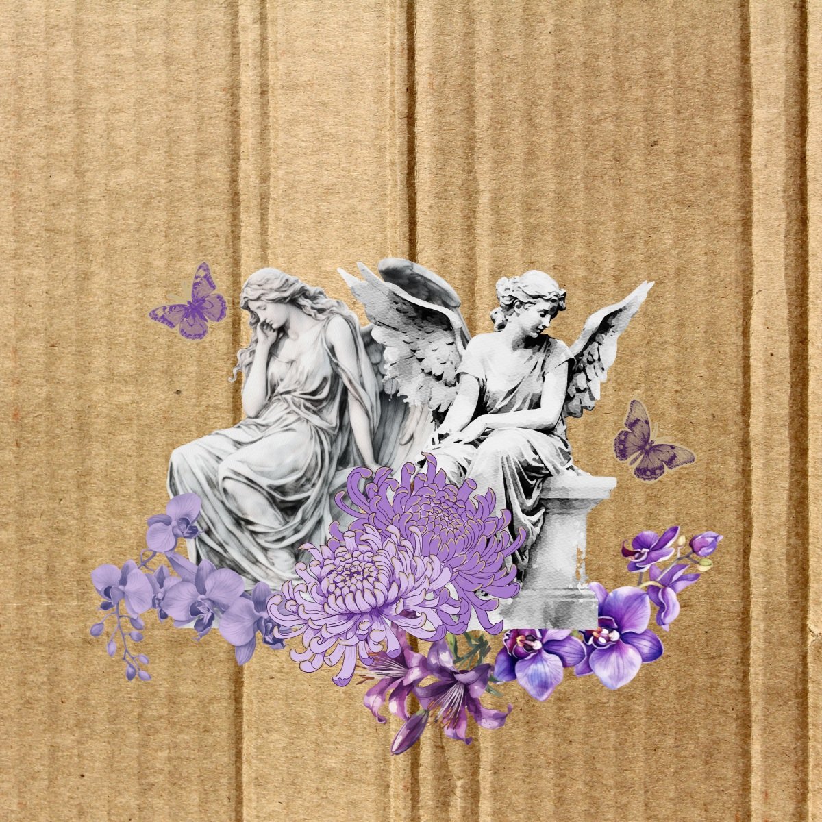 Digital collage for death doula workshop for Yila Healing Festival event branding. Cardboard background, and purple native australian flowers with cemetary angels.
