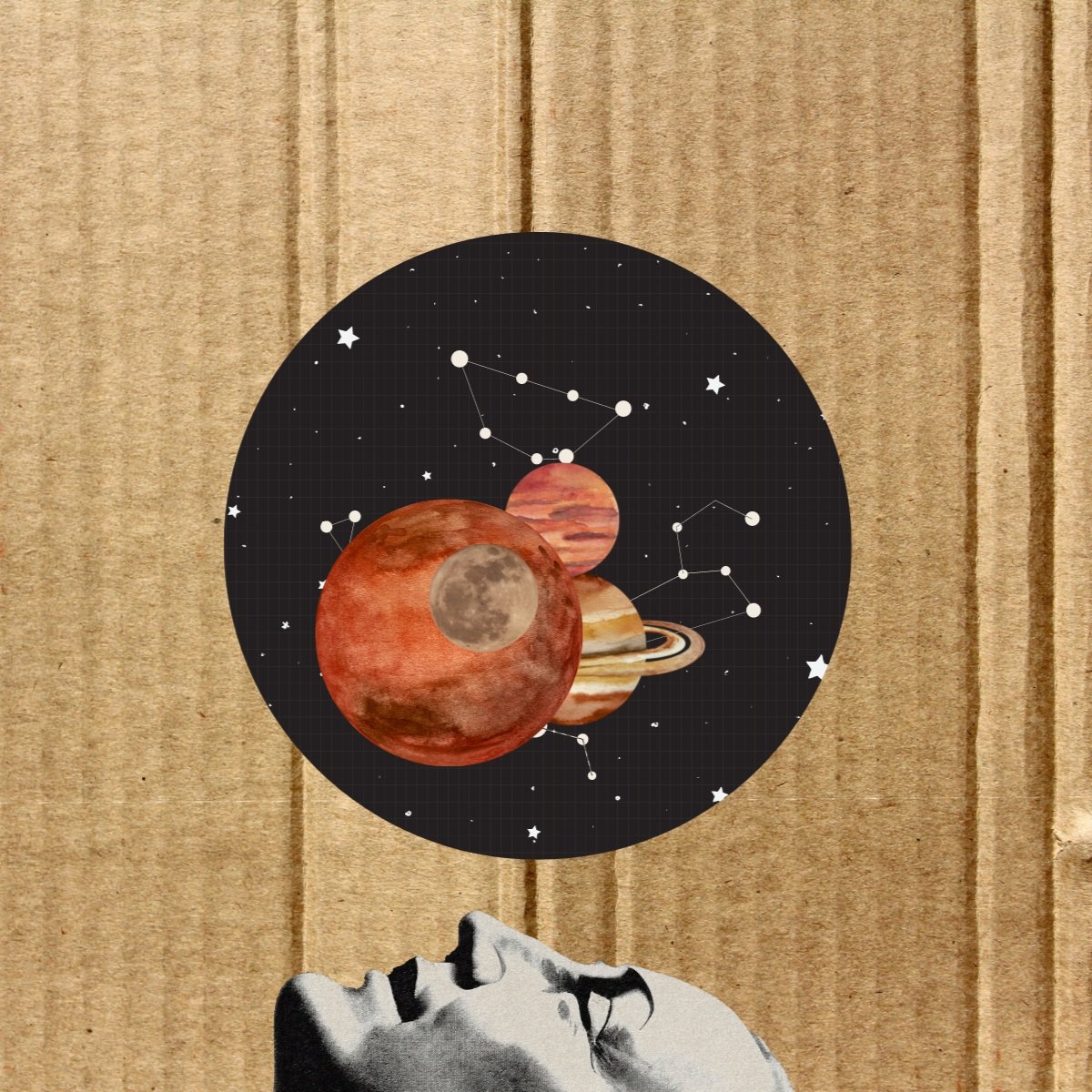 Festival-themed digital artwork for Yila Healing Trail star gazing event on cardboard texture, showcasing planet symbols and space imagery.