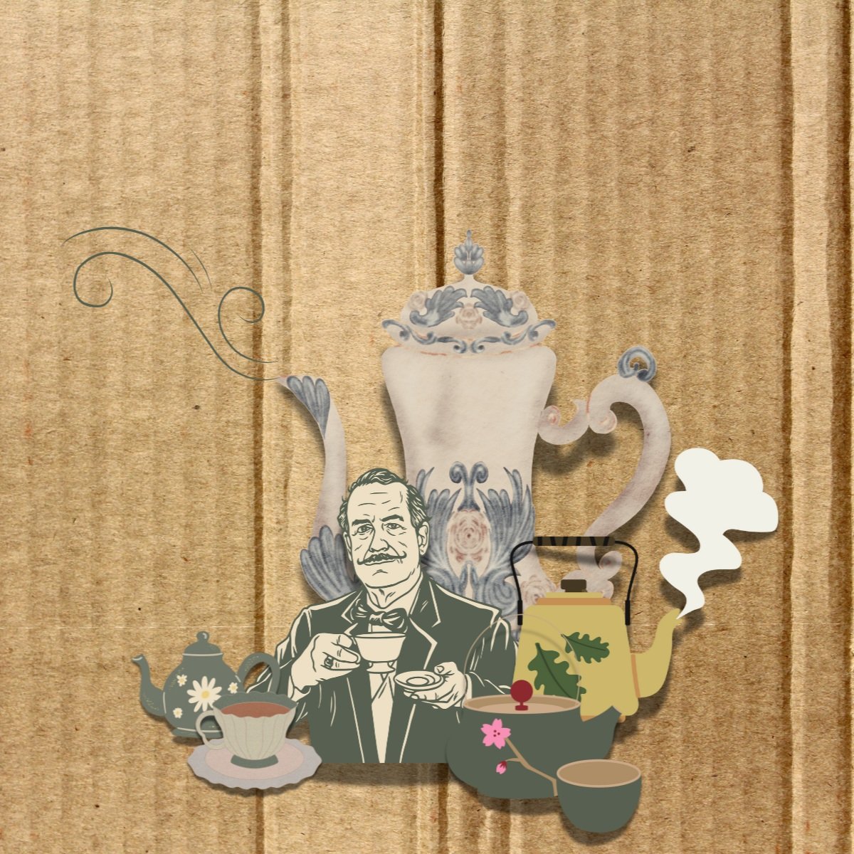 Yila Healing Trail event collage for tea ceremony with quirky 1920s style cups, and teapots.