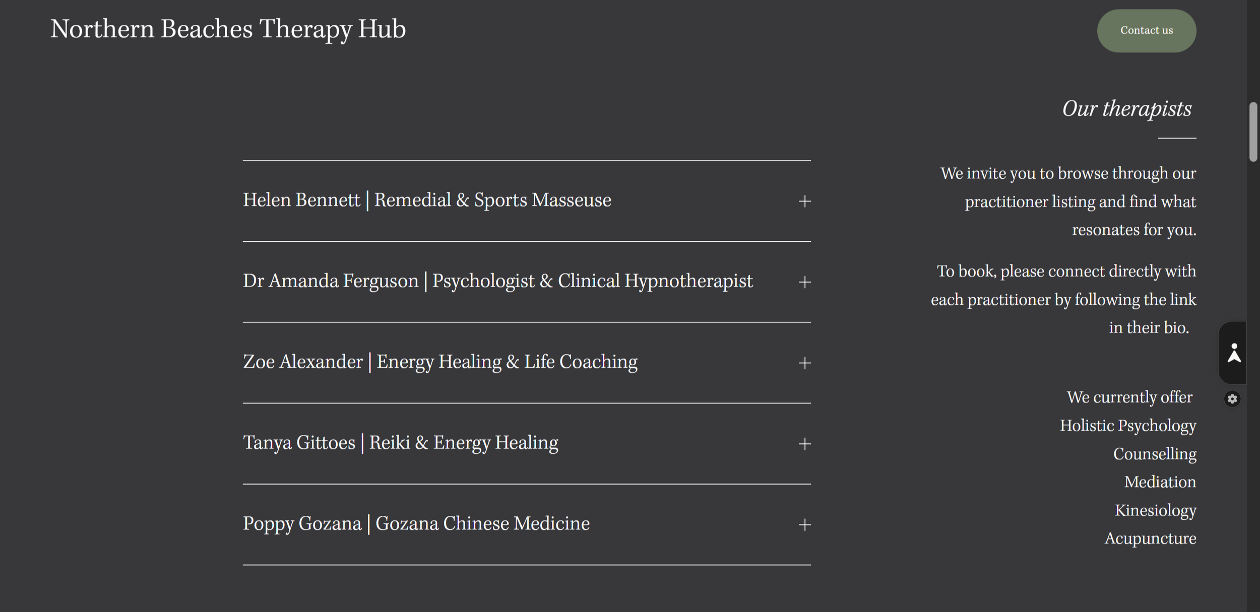Practitioner directory designed with expandable profiles, making it easy for visitors to browse therapists and connect with the right practitioner.