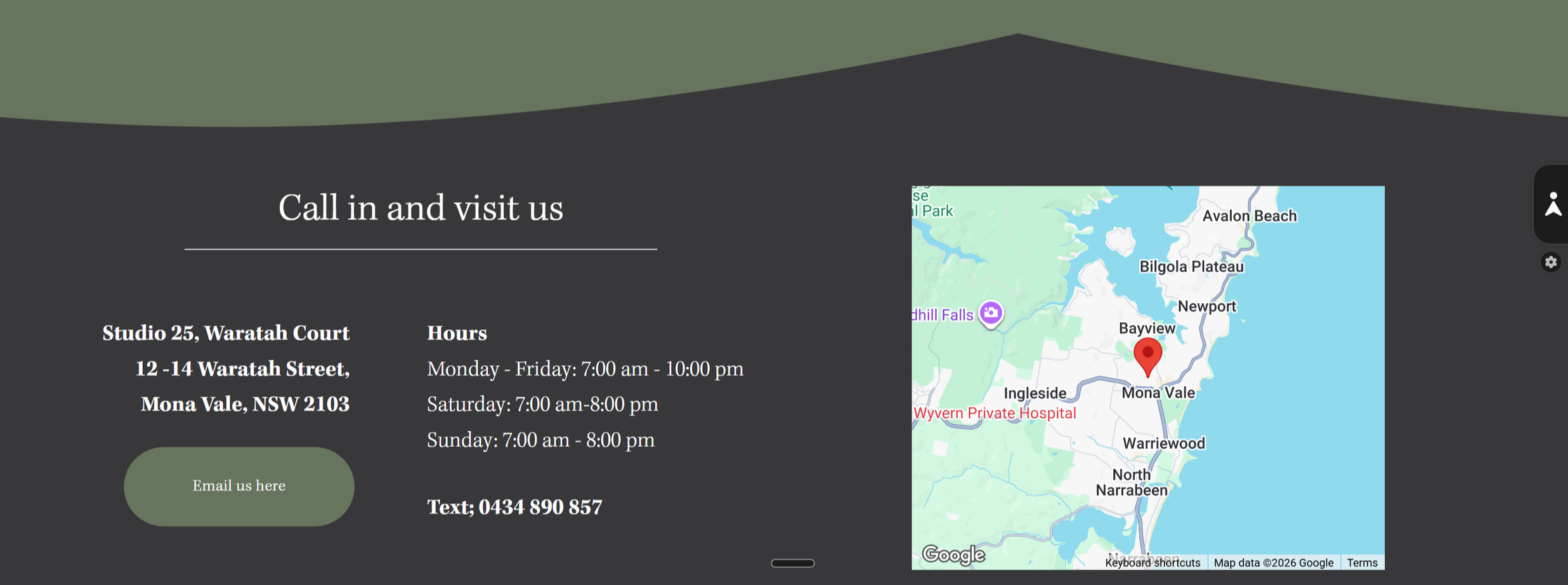 Custom Squarespace footer combining contact information, opening hours and location details within a clean, elegant website design.