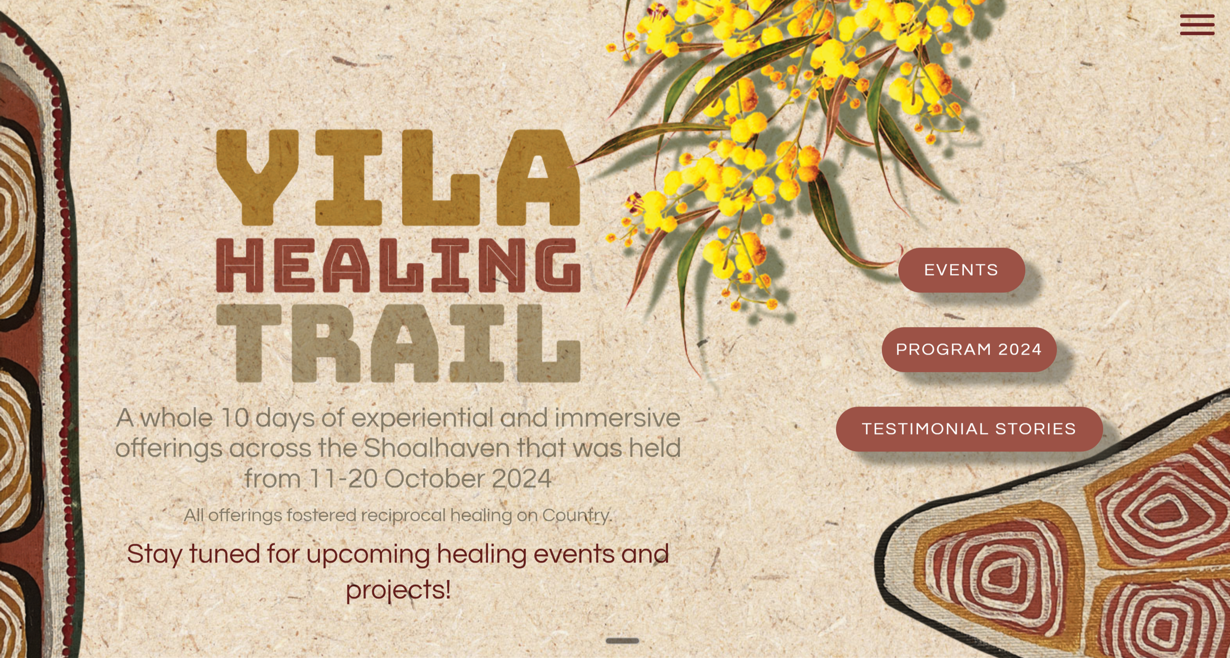 Homepage design for the Yila Healing Trail festival website featuring custom branding, botanical illustrations, event navigation and calls to action.