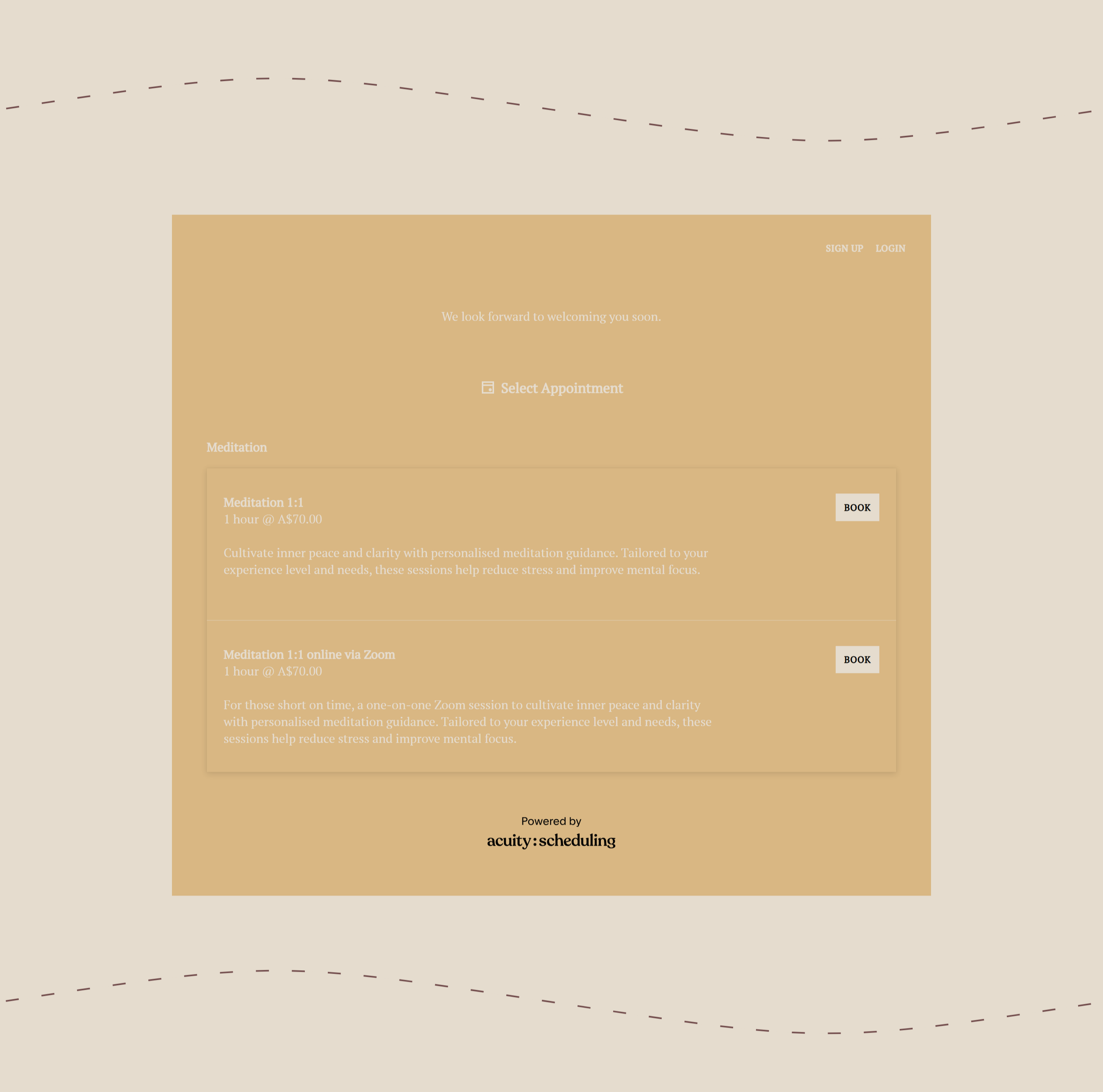 Client booking page using Acuity scheduling with flexible appointment options and an integrated booking system designed for a mobile massage and energy healing practice.