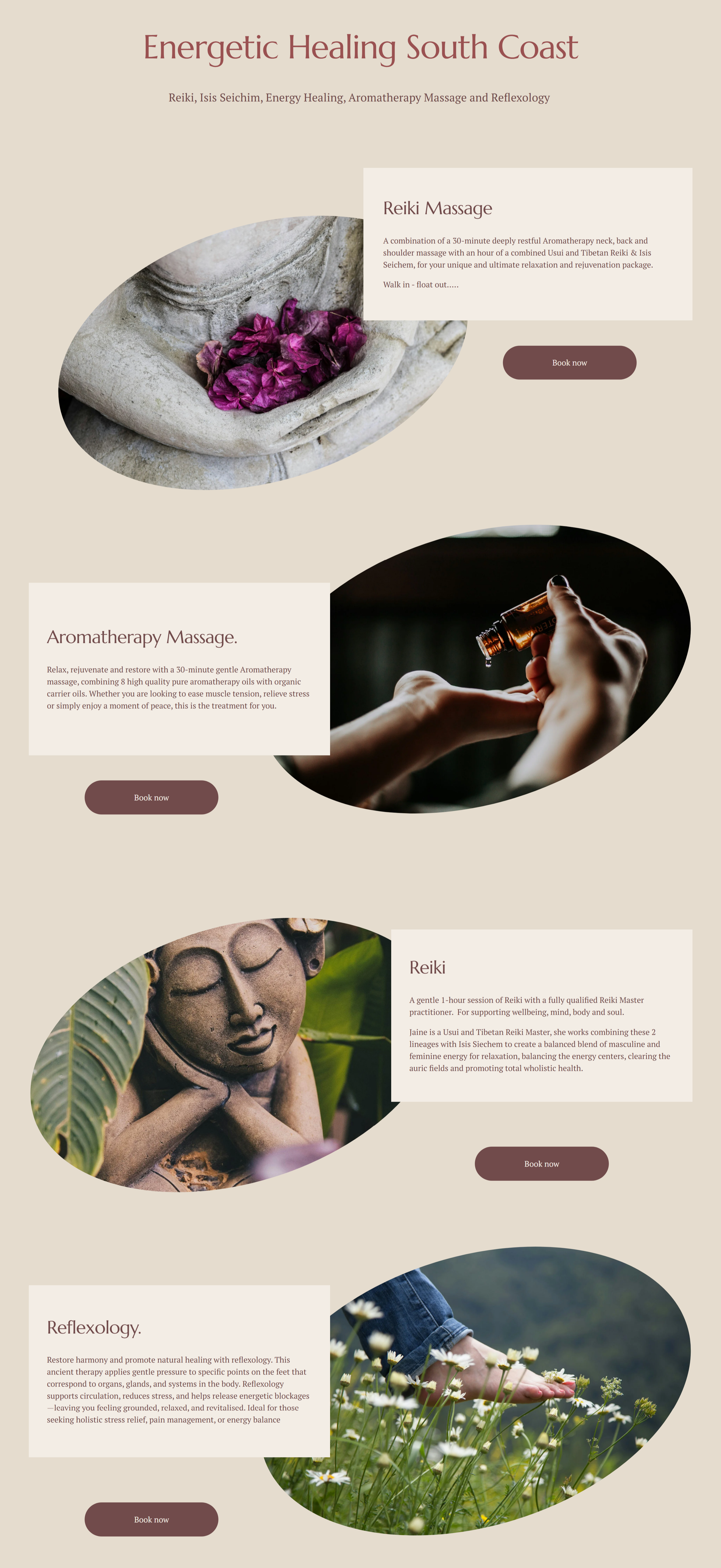 Bodywork services page presenting massage therapy treatments with clear information, intuitive navigation and a calm, nature-inspired visual design.