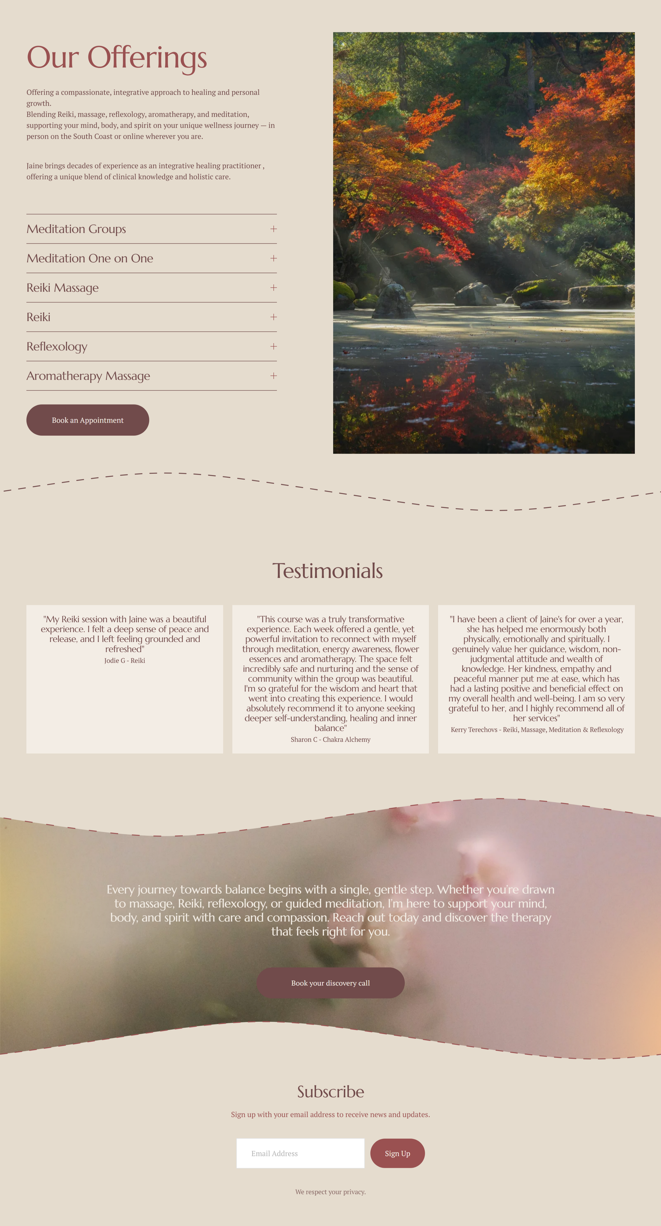 Homepage section of the One Breath Evolution Squarespace website featuring bespoke branding, holistic therapies and a calm, welcoming user experience.
