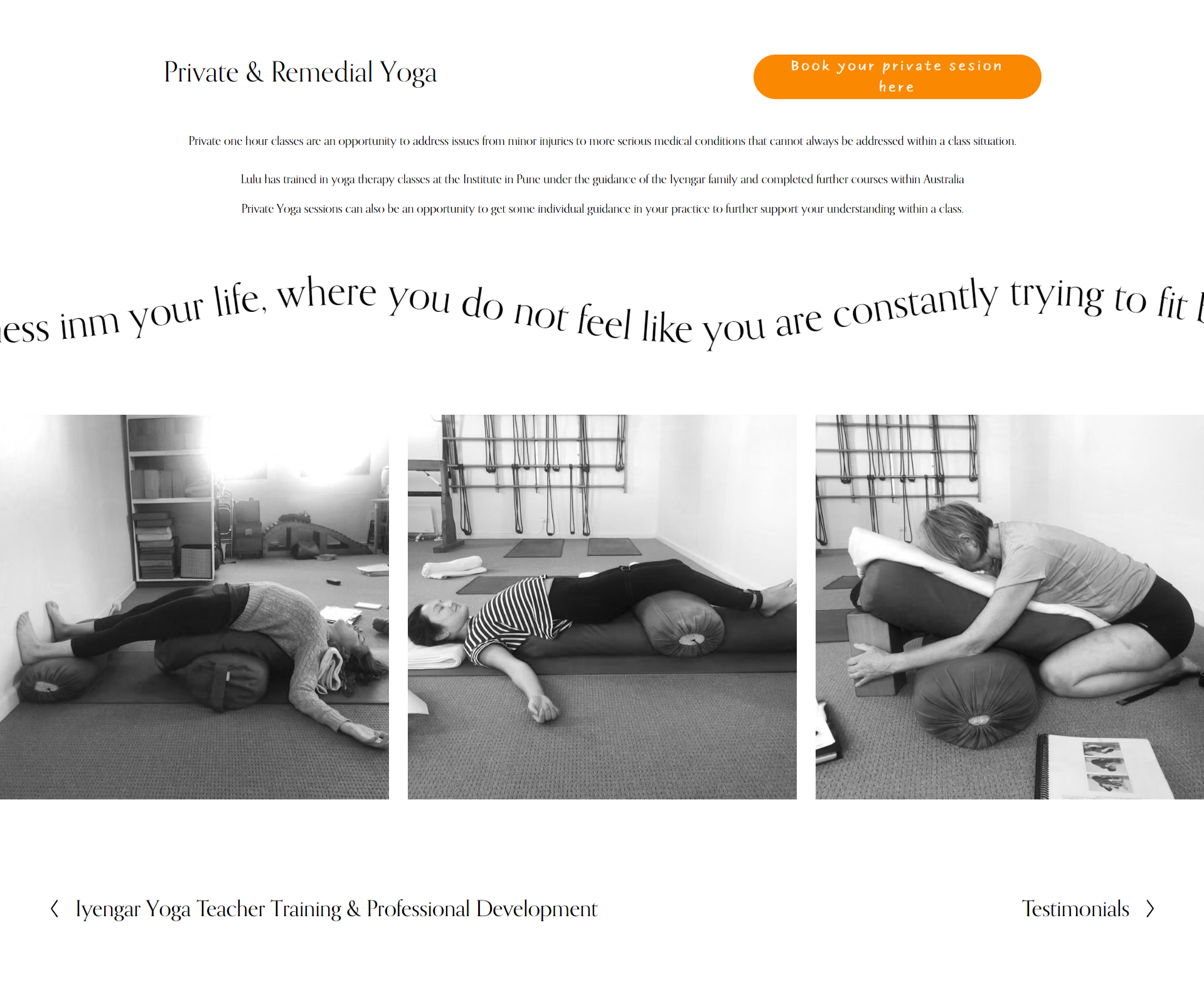 Dedicated service page explaining one-to-one Iyengar Yoga sessions with clear content hierarchy and simple enquiry pathways.