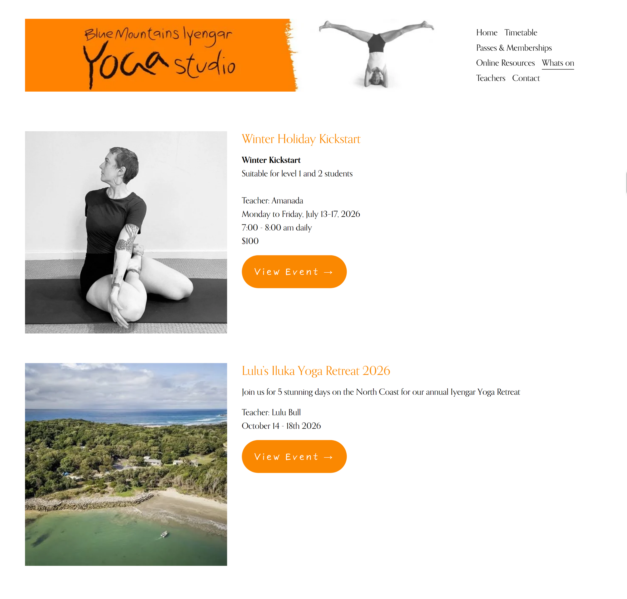 Flexible events listing showcasing workshops, retreats and special programs while remaining easy for the client to update independently.