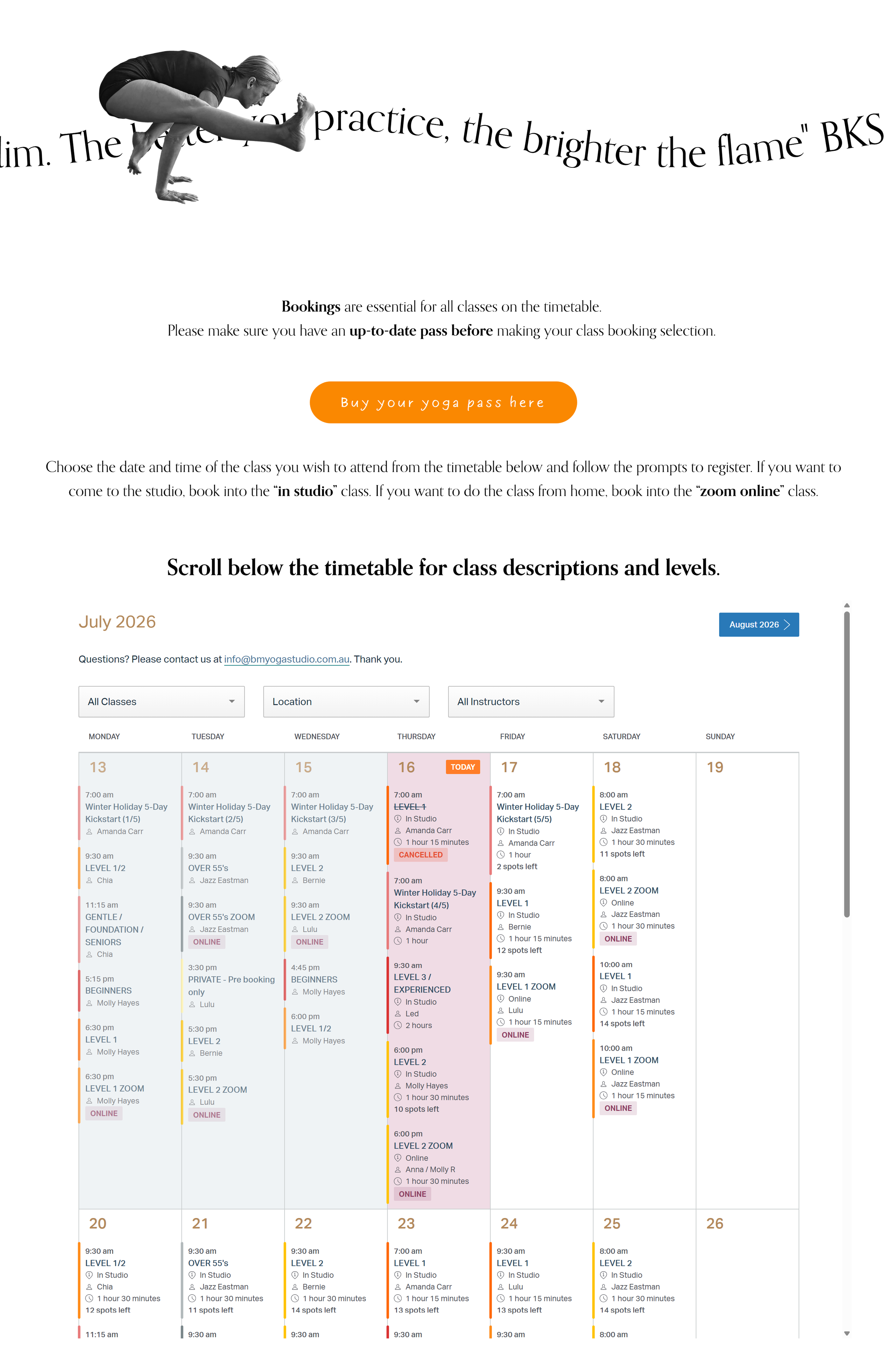 Studio timetable integrated with the Punchpass booking system, allowing students to browse classes and book seamlessly online.