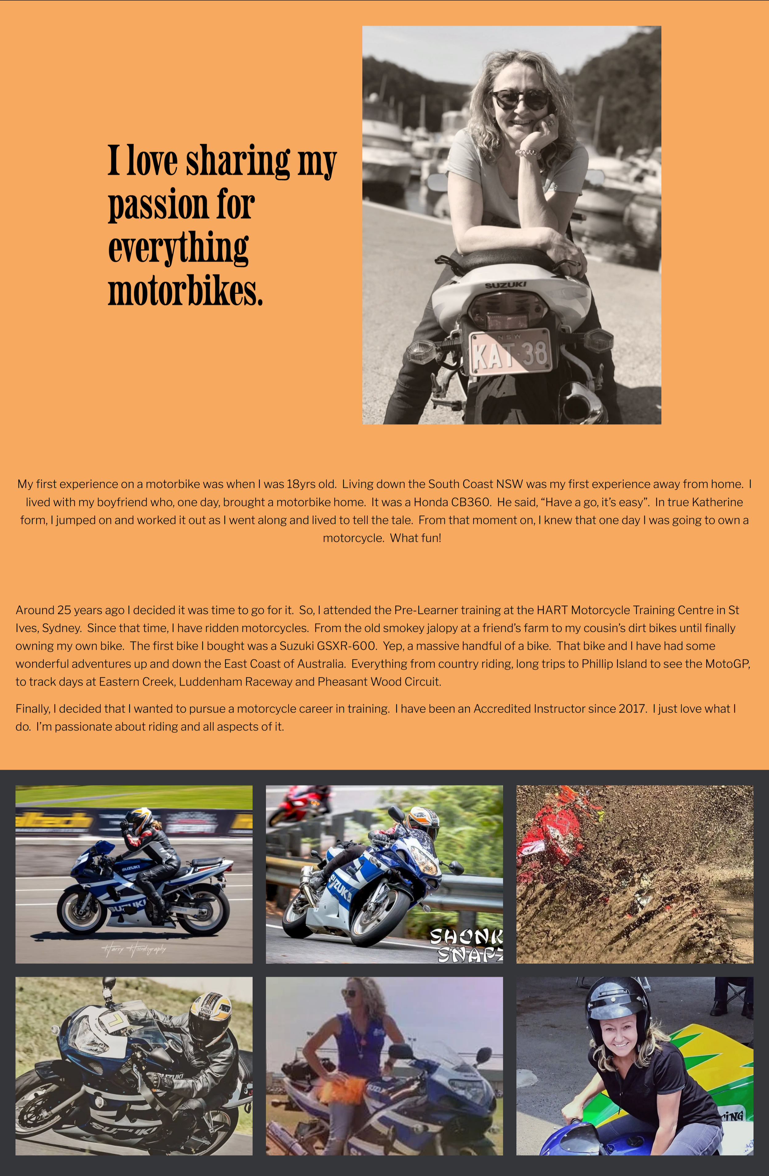 About page introducing the instructor through personal storytelling, photography and approachable design that builds trust with prospective riders.