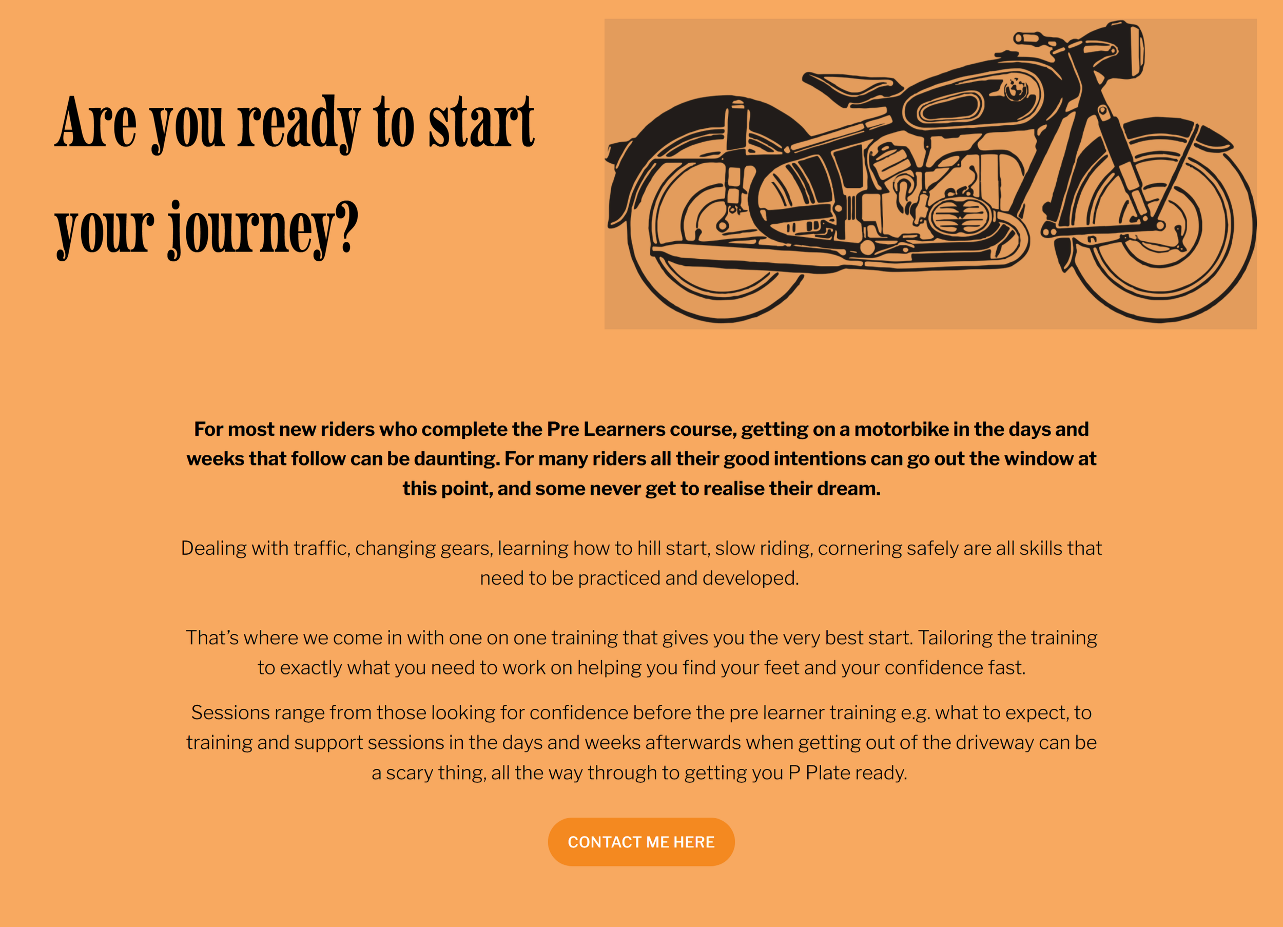 Call-to-action section combining vintage motorcycle illustrations with persuasive copywriting to encourage visitors to begin their riding journey.