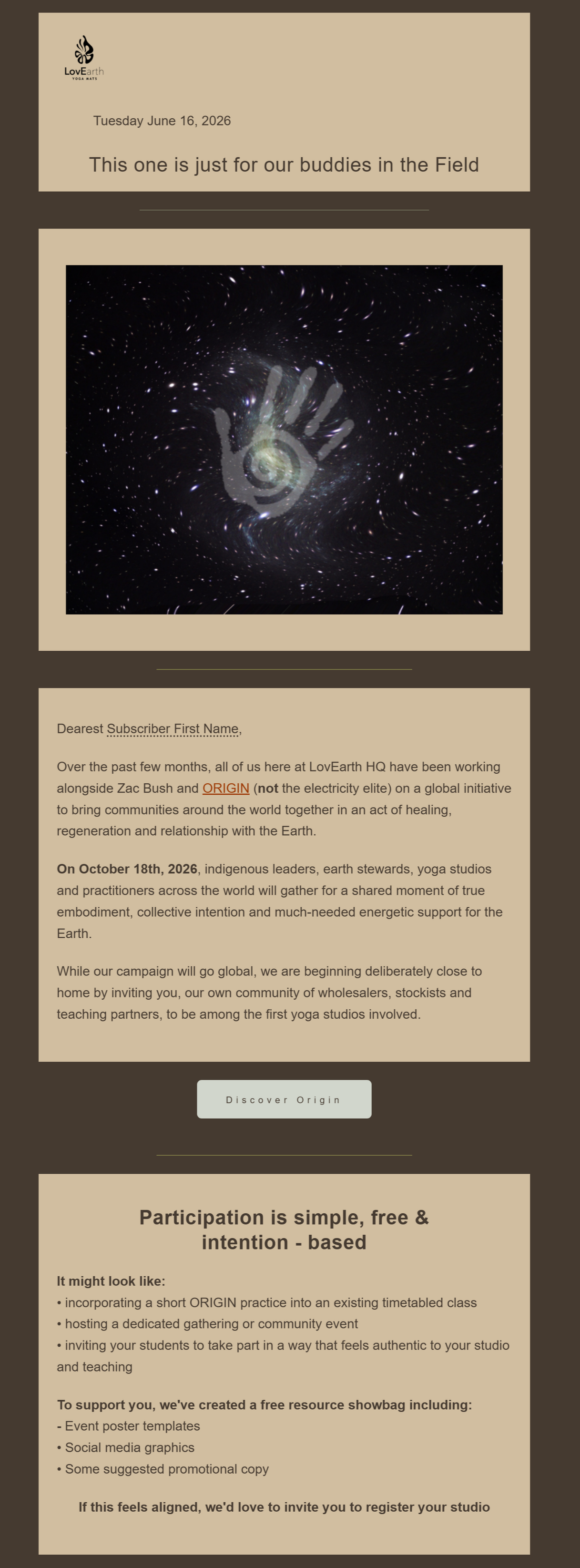 Targeted ORIGIN email campaign inviting Australian yoga studios to participate