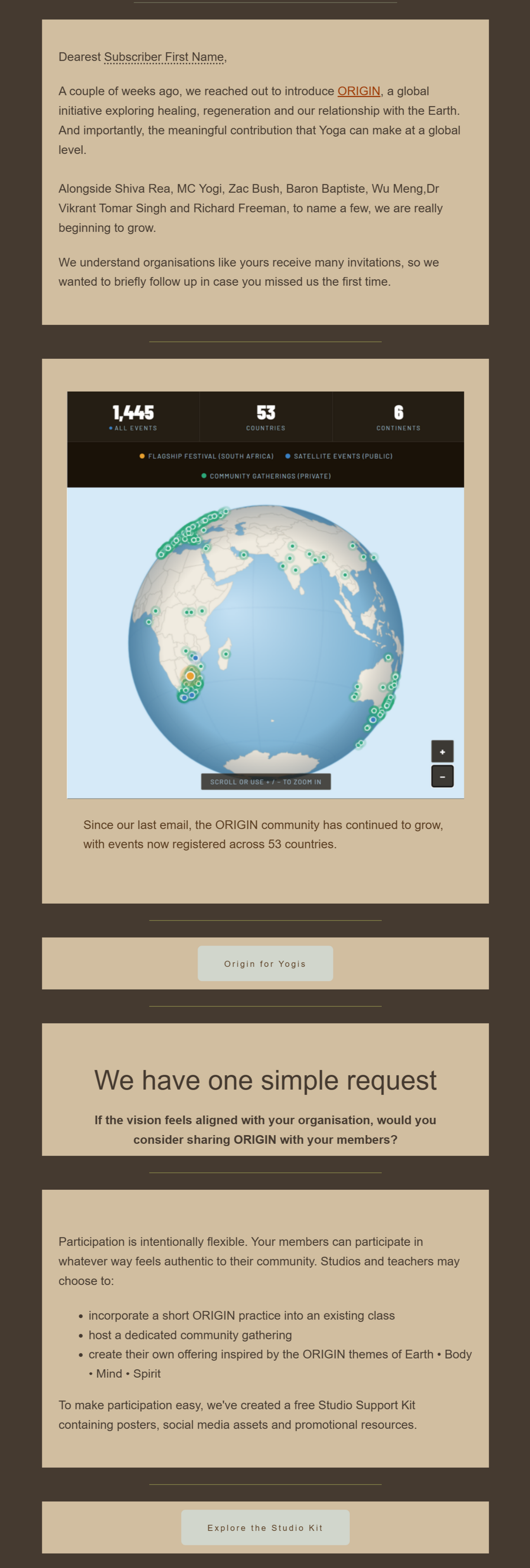ORIGIN email campaign showing growing participation from yoga communities around the world