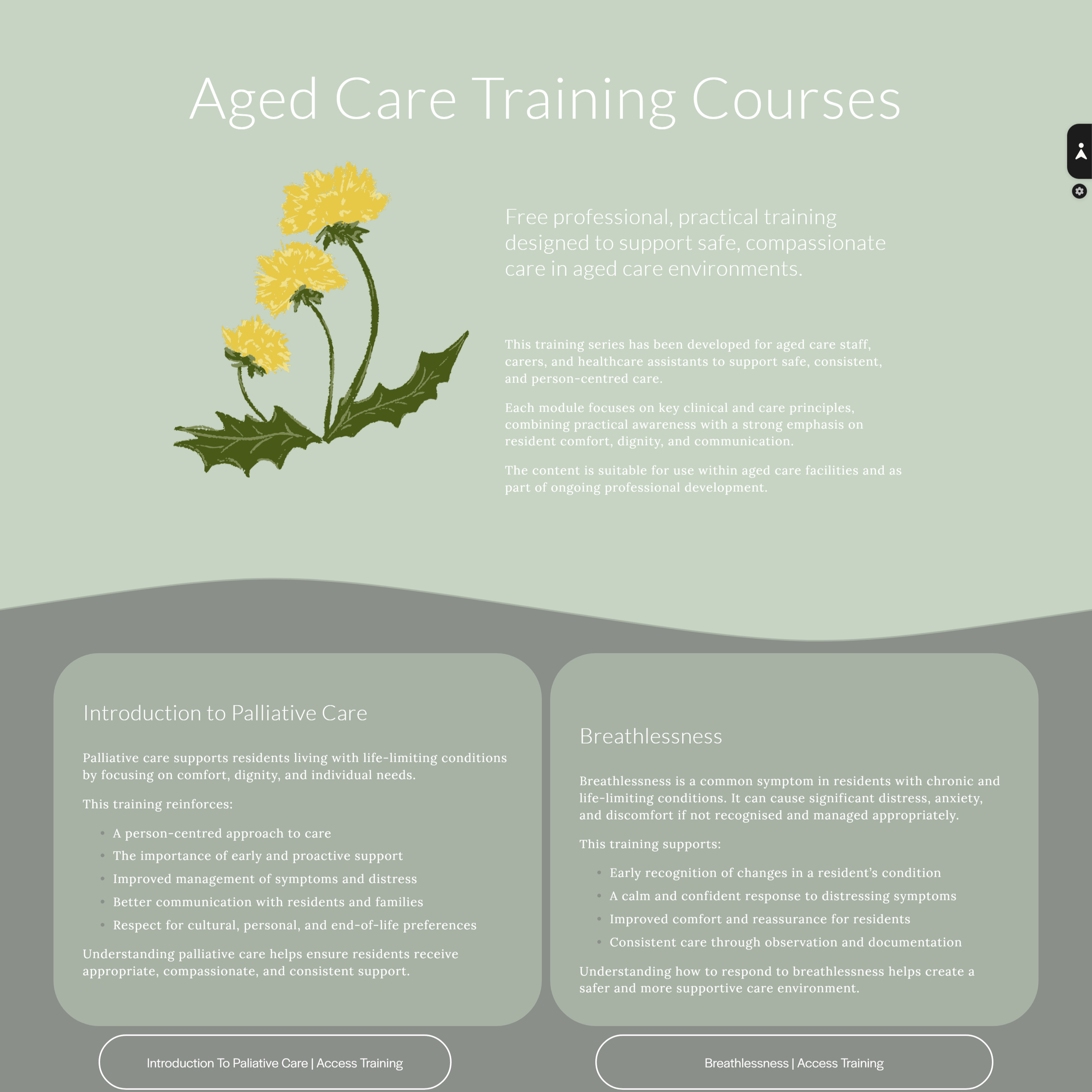 Dedicated training hub designed to present online aged care education through clear navigation, intuitive course pathways and a calm, accessible user experience.