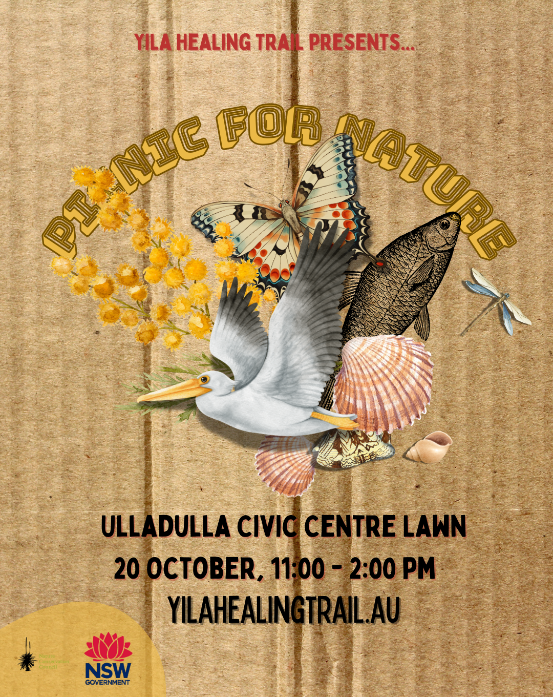 Yila Healing Trail closing ceremony poster featuring native Australian plants, fish and birds, event title, and festival dates, designed with collage art and textured backgroundbackdrop