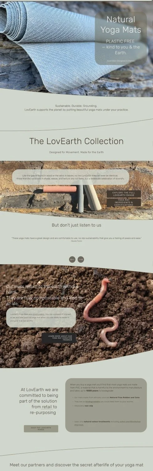 Homepage showcasing LovEarth's nature-inspired design, purpose-led storytelling and sustainable ecommerce experience.