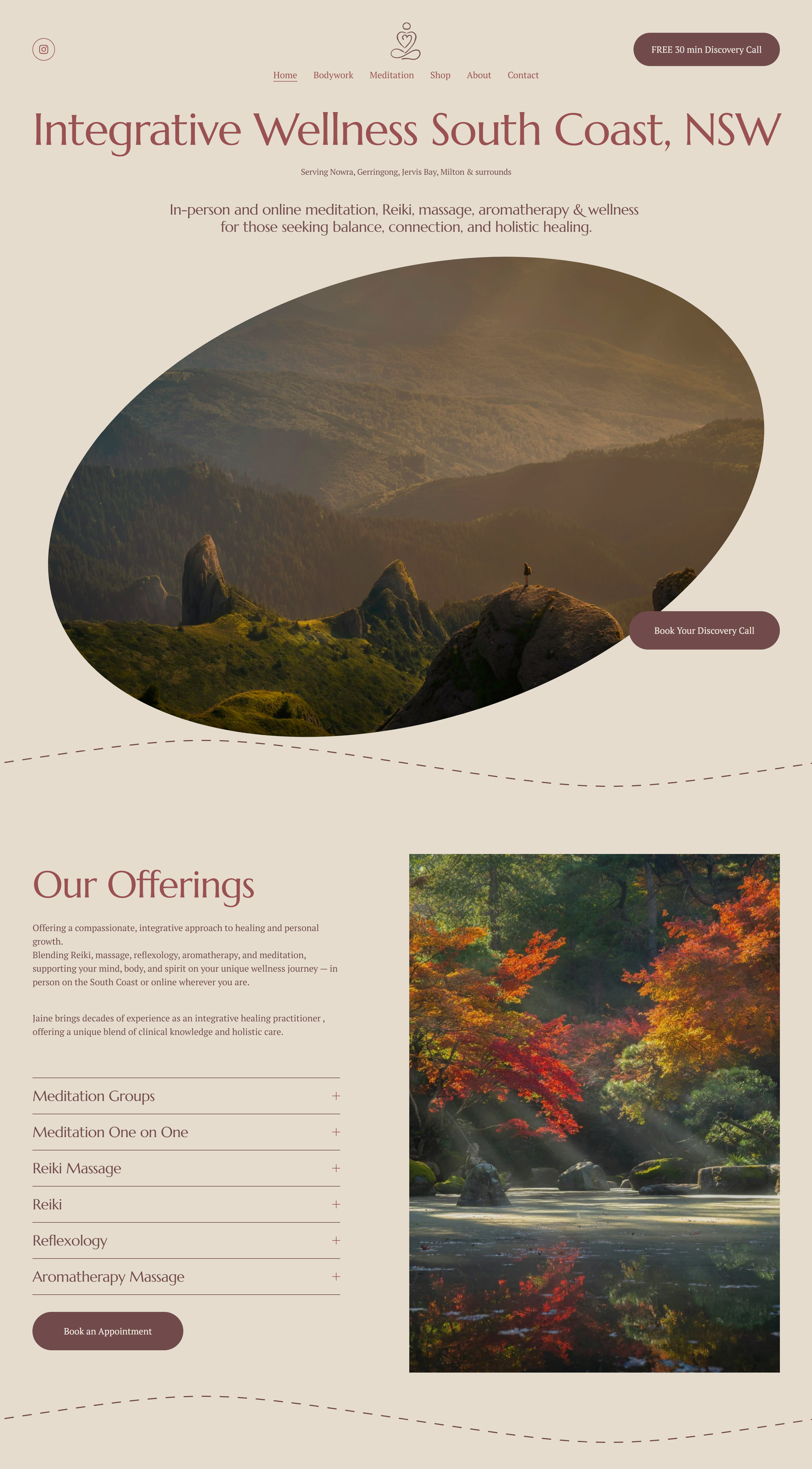 Homepage of the One Breath Evolution website showcasing bespoke branding, massage therapy services and a calm, nature-inspired Squarespace design.