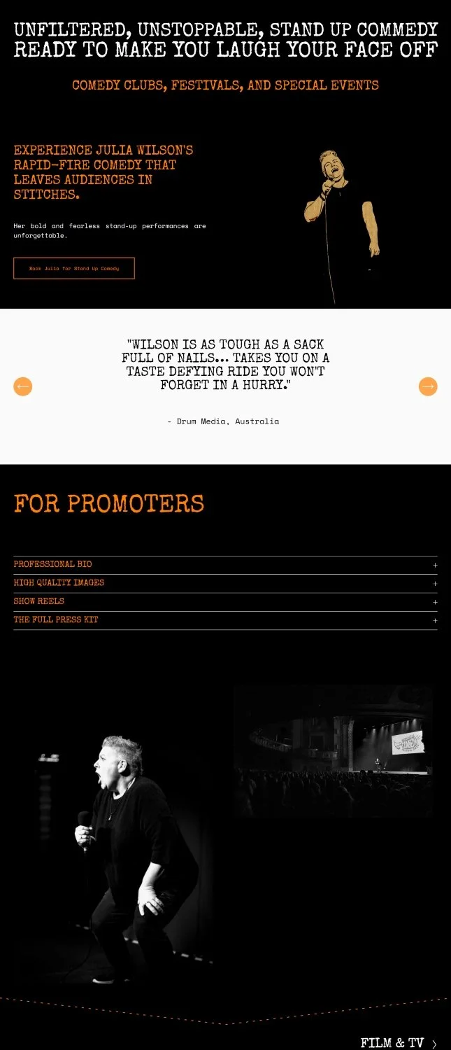 About page introducing Julia Wilson's story through bold copywriting, striking photography and a personality-led visual identity.
