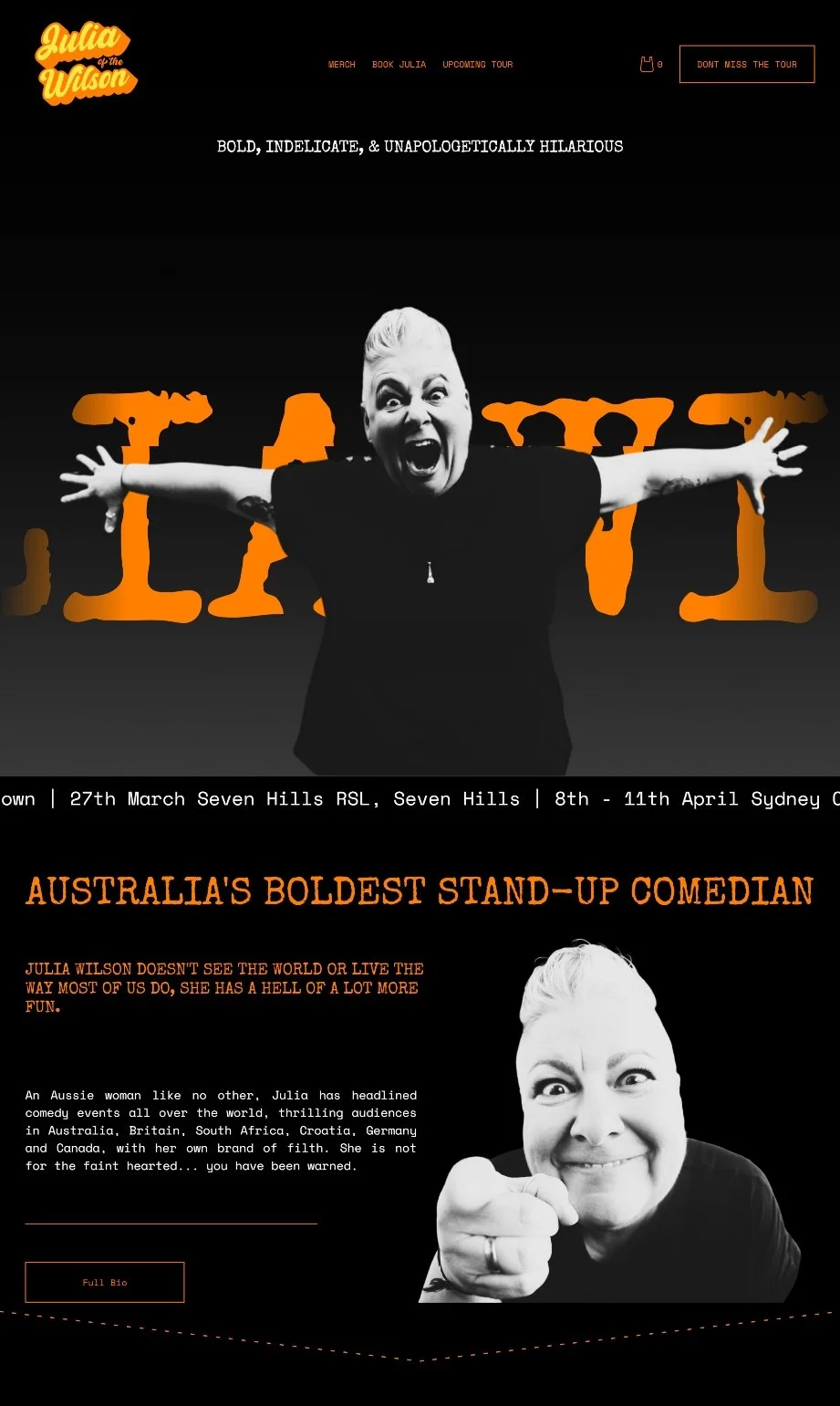 Homepage of Julia Wilson's Squarespace website showcasing live comedy, touring, merchandise and promoter resources through a bold personality-led design.
