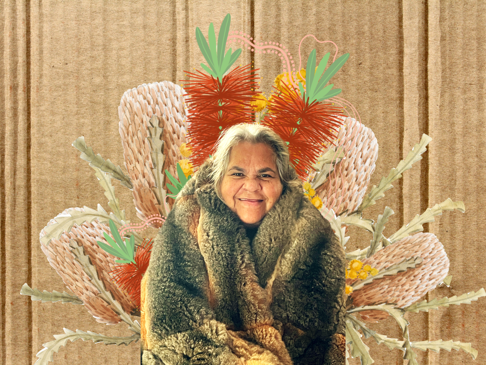 Festival-themed digital artwork for Yila Healing Trail on cardboard texture, showcasing indigenous elder and australian native flowers.
