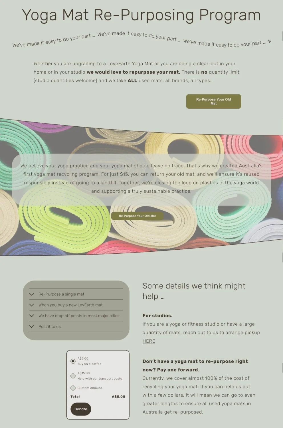 Information page explaining LovEarth's national yoga mat recycling programme and circular economy initiative.