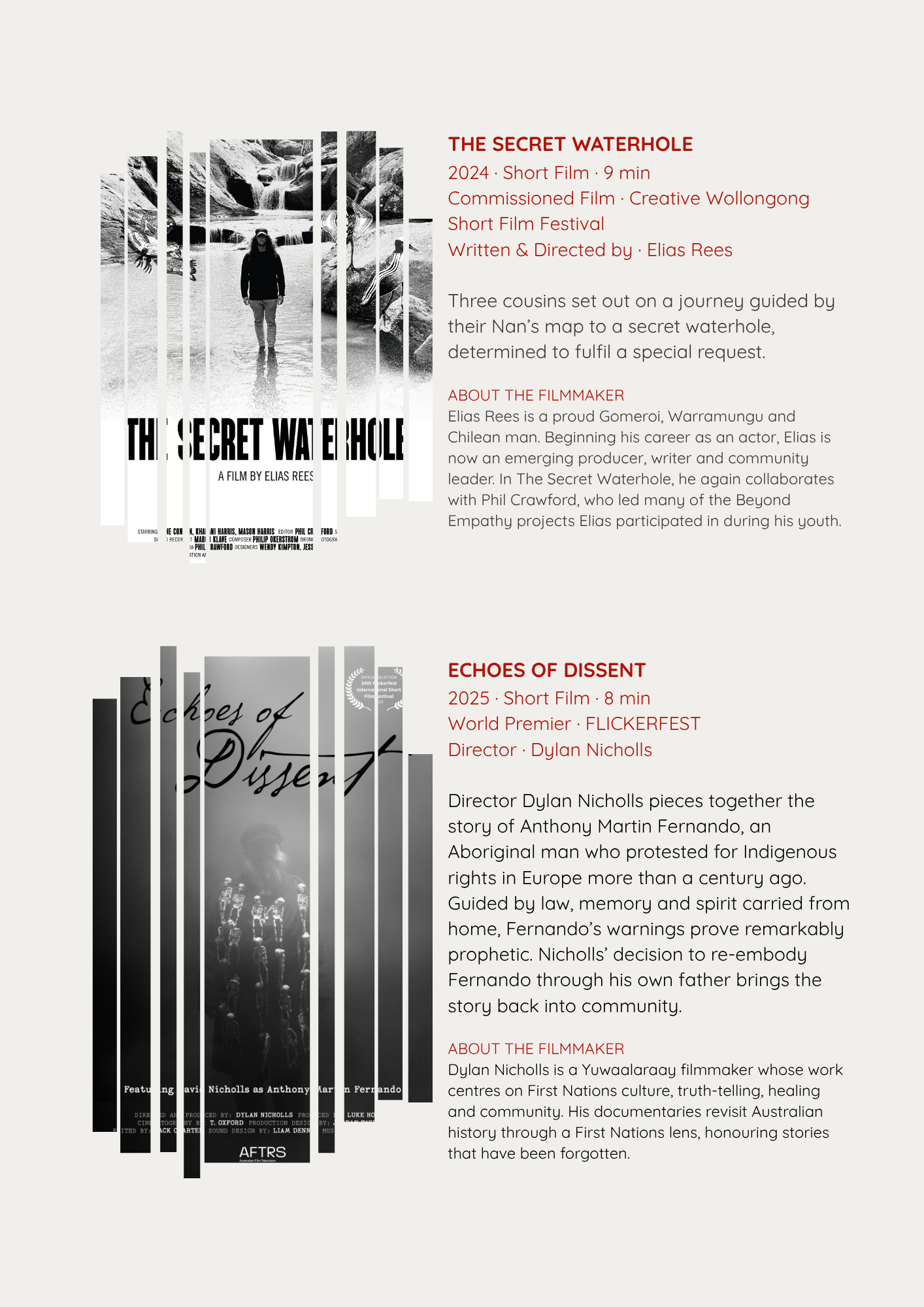 Editorial film listings combining film imagery, synopses, credits and filmmaker information within a clear and cohesive program layout.