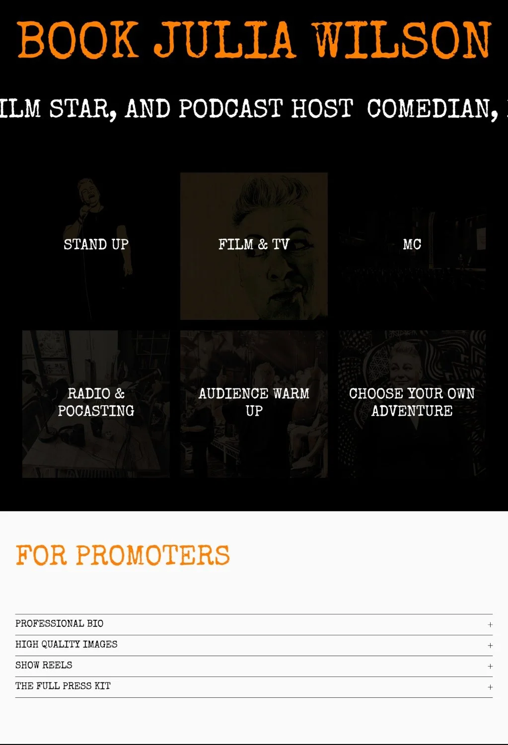 Booking page providing promoters with professional biographies, show reels, photography and downloadable media resources.
