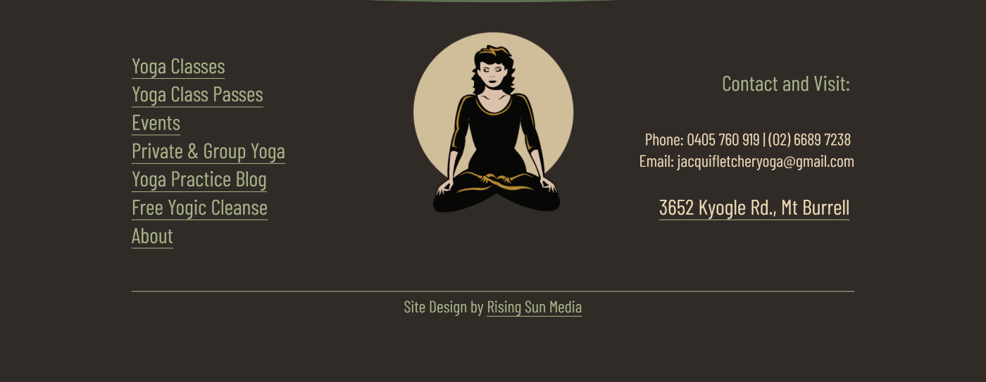 Avalokita Yoga website footer with navigation, contact information and newsletter sign-up