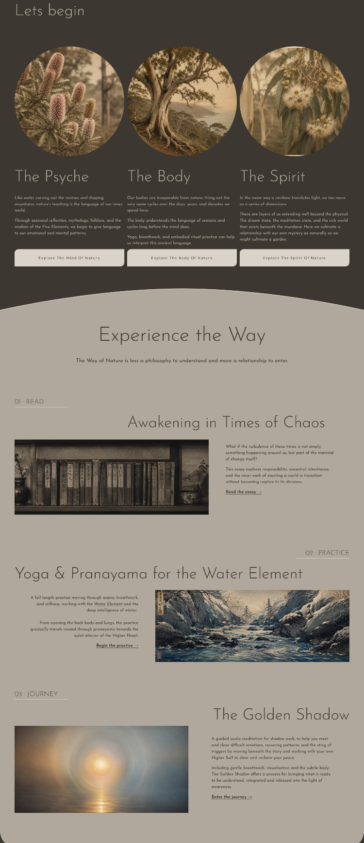 Three clear pathways organise a large body of content through Nature & the Psyche, Nature & the Body and Nature & the Spirit.