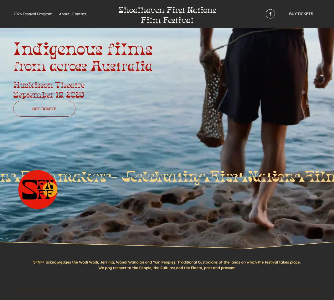 Homepage introducing the Shoalhaven First Nations Film Festival through strong imagery, festival information and clear pathways to tickets and program details.