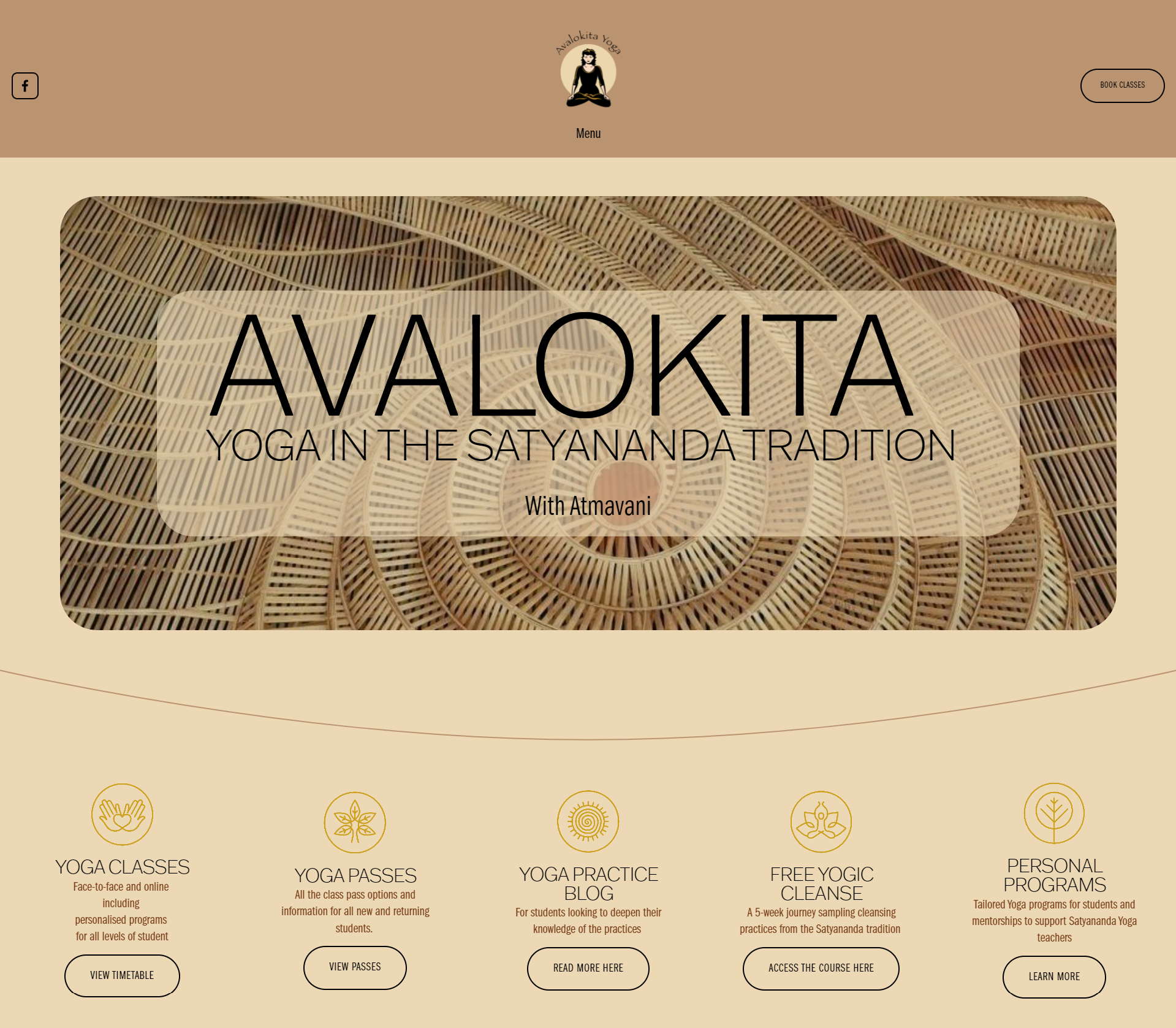 Homepage design for Avalokita Yoga featuring an earthy colour palette, clear navigation, integrated class bookings and a calm, spacious layout inspired by Satyananda Yoga.