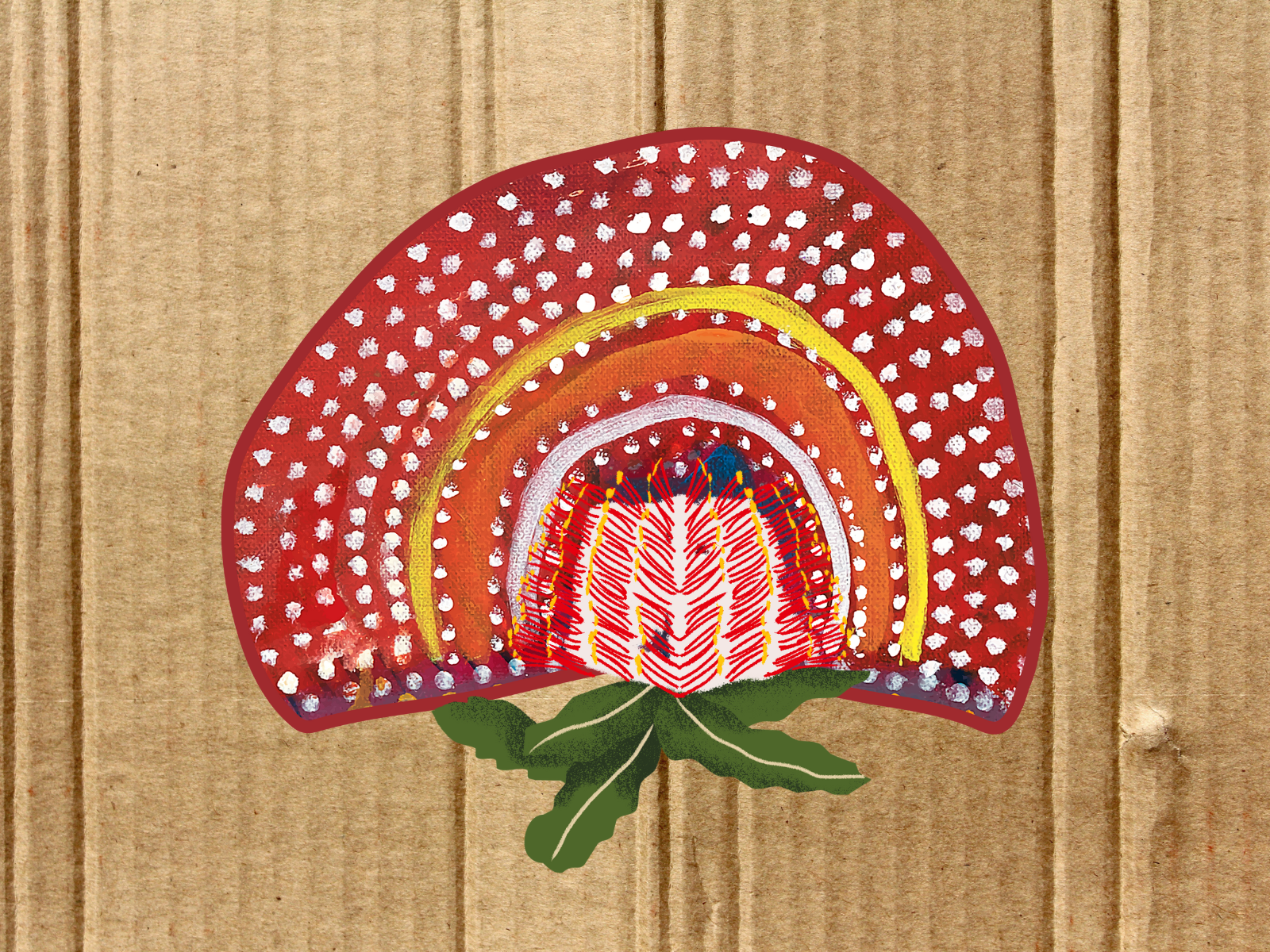 Yila Healing Trail collage with australian native bush themes, cardboard texture and indigenous art influence.