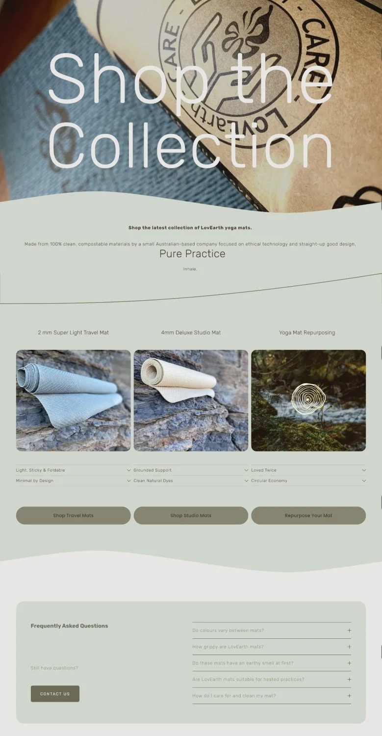 Online shop featuring LovEarth's range of natural yoga mats and accessories with integrated Shopify ecommerce.