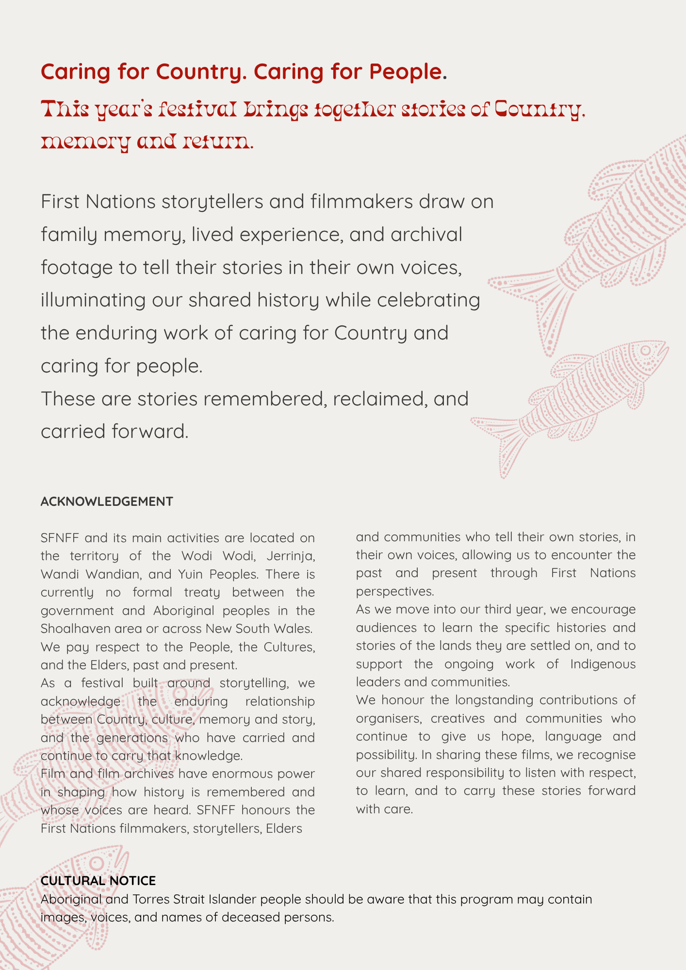 Editorial spread introducing the festival theme, cultural context and acknowledgement within the broader visual language of the 2026 program.