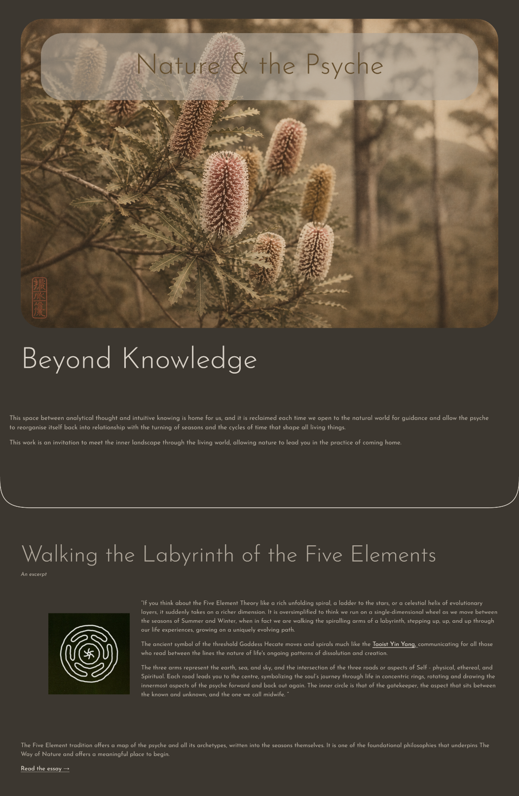 An editorial pathway bringing together seasonal writing, Five Element philosophy and deeper long-form collections within a calm, highly visual reading experience.