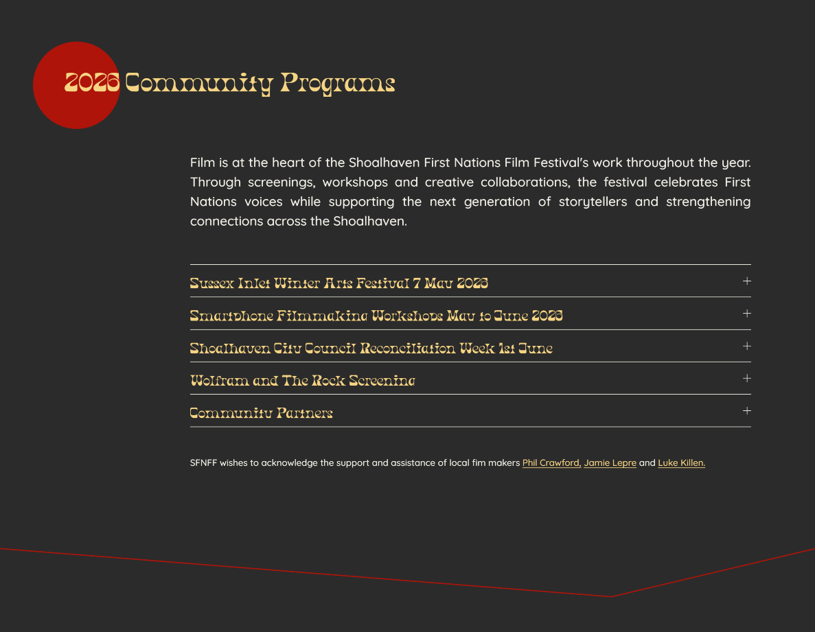 Community program section showcasing SFNFF's year-round screenings, workshops and creative collaborations beyond the annual festival.