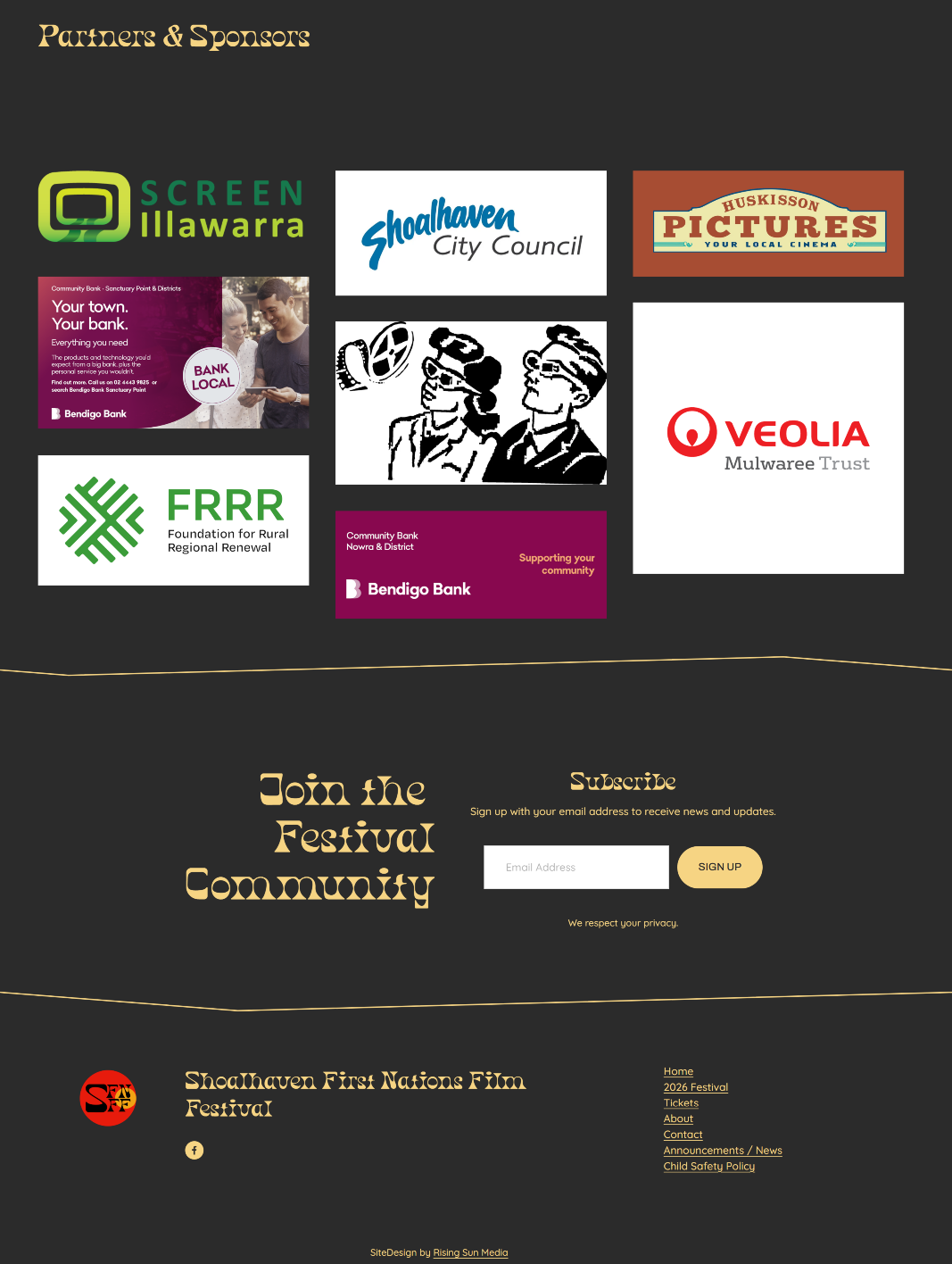 Partners and sponsors section giving prominent recognition to the organisations and funders supporting the festival and its community programs.