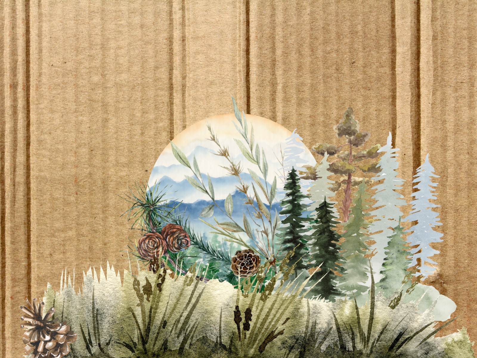 Healing-themed natural collage for Yila Healing Trail with trees, native grasses on cardboard texture