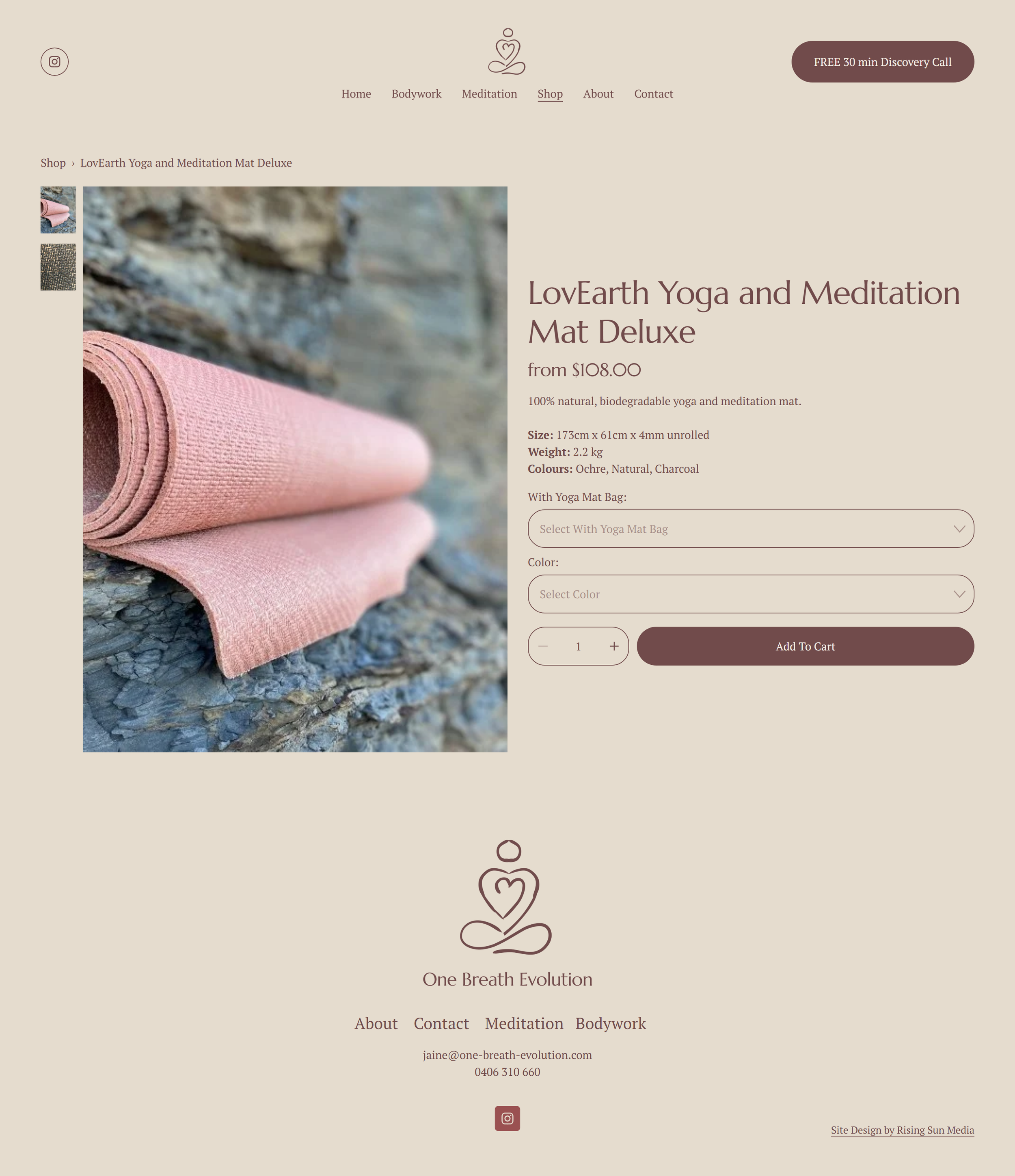 E-commerce product page showcasing LovEarth yoga mats with integrated online purchasing, product information and a calm, nature-inspired shopping experience.